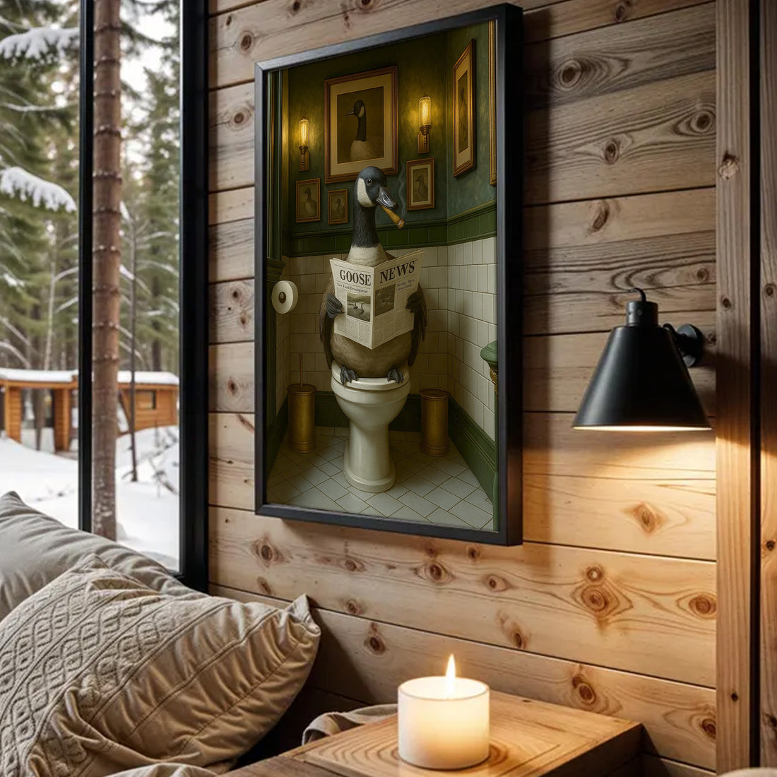 Funny Canada Goose Bathroom Poster – Rustic Cabin Wall Art, Goose Reading Newspaper on Toilet - Canvas Gift for Hunters