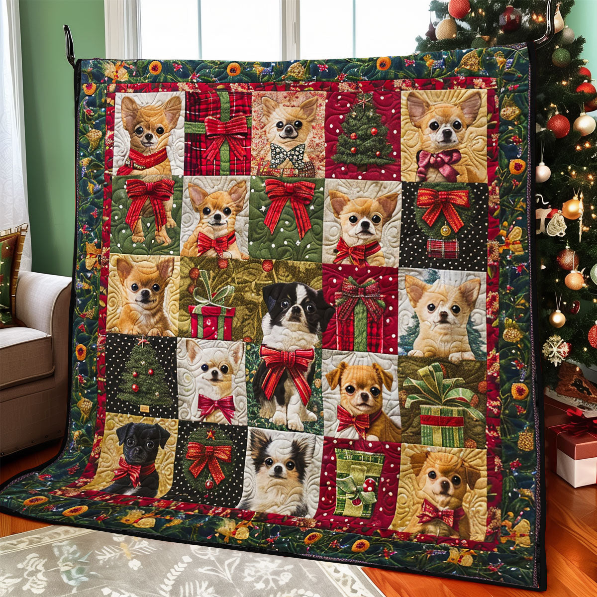 Chihuahua And Gifts Christmas Quilt Blanket