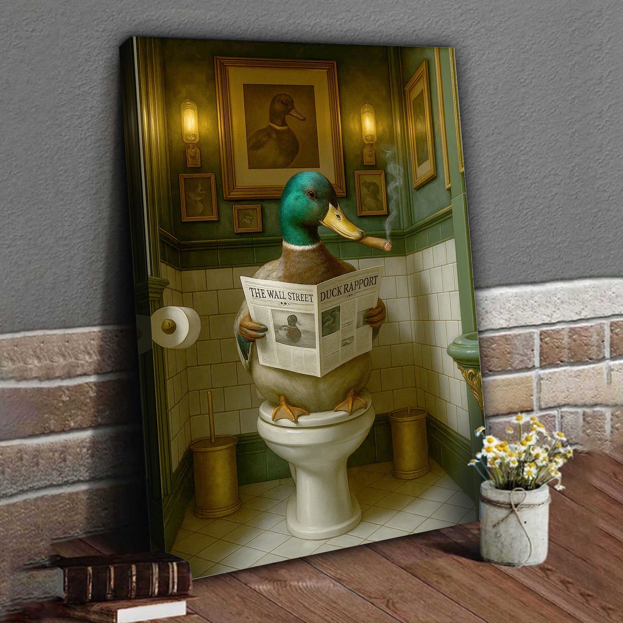 Duck Reading News Bathroom Wall Art – Rustic Decor for Men, Hunting Cabin Poster Hunters