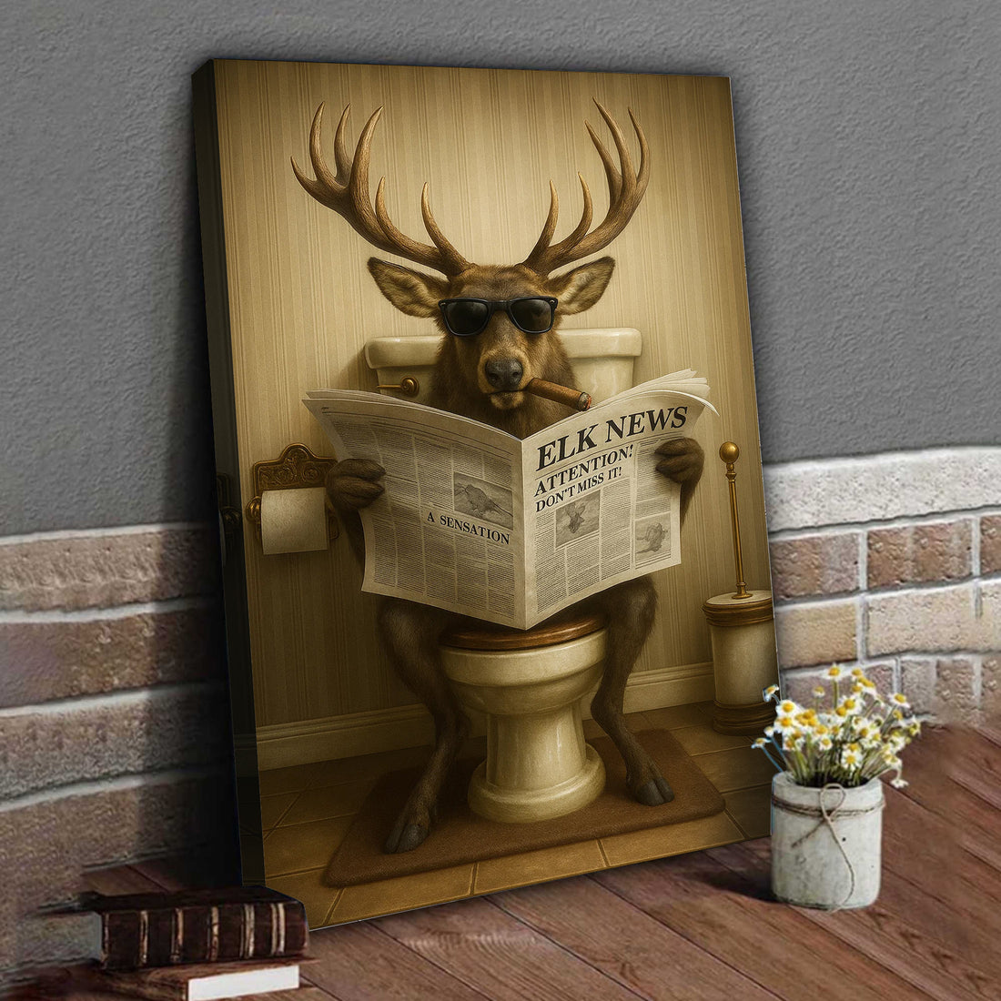 Funny Elk Bathroom Wall Art – Hunting Lodge Decor for Men - Wildlife Animal Poster - Unique Dad Gift for Hunters & Outdoorsmen
