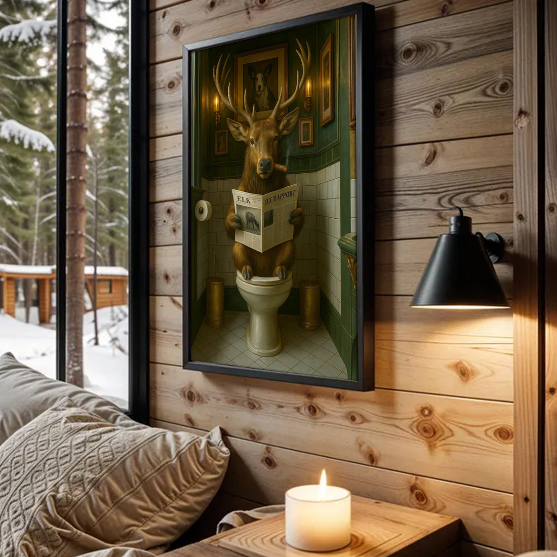 Funny Elk Bathroom Canvas – Smoking-Smoking Deer Reading Newspaper on Toilet - Rustic Cabin Wall Art for Hunters