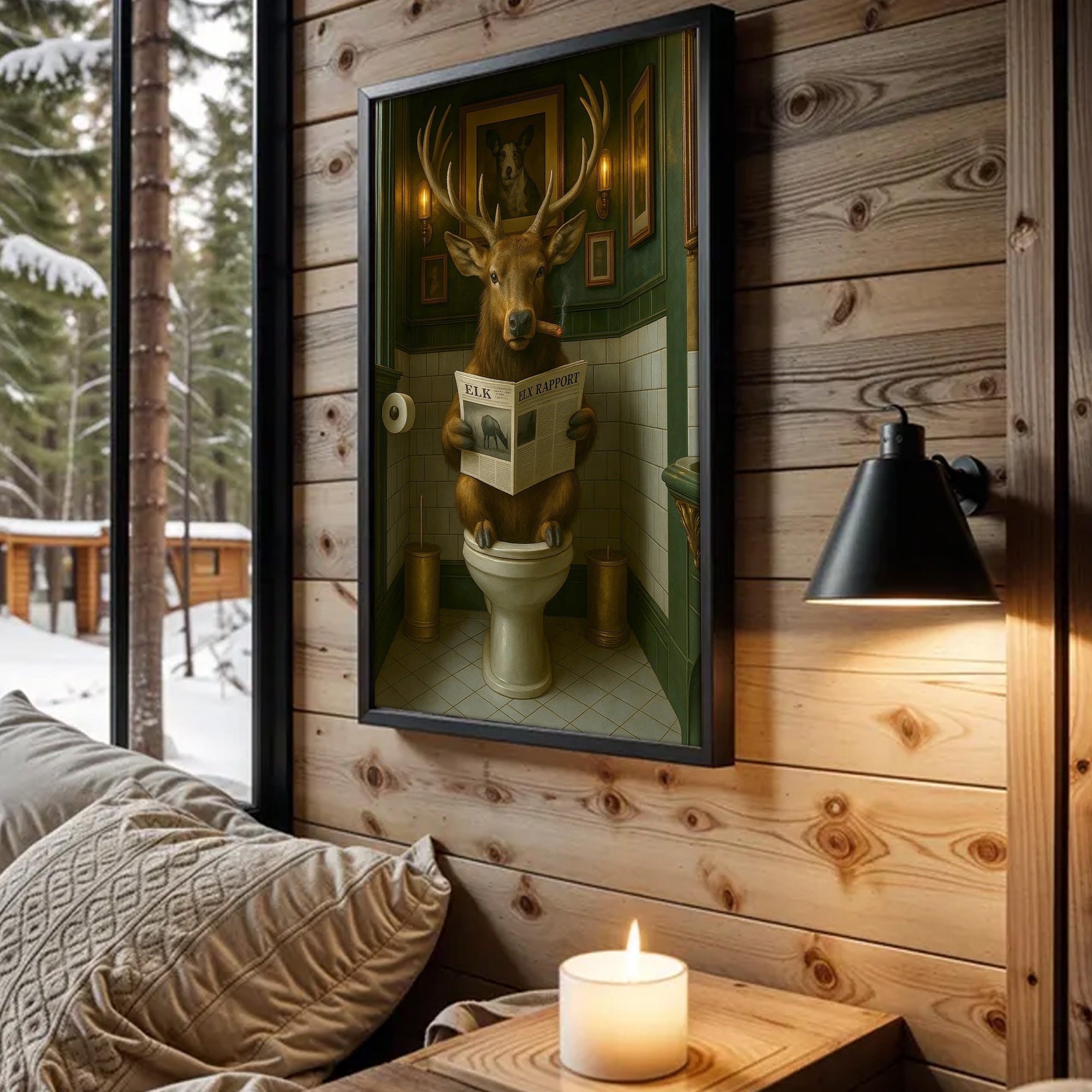 Funny Elk Bathroom Canvas – Smoking-Smoking Deer Reading Newspaper on Toilet - Rustic Cabin Wall Art for Hunters