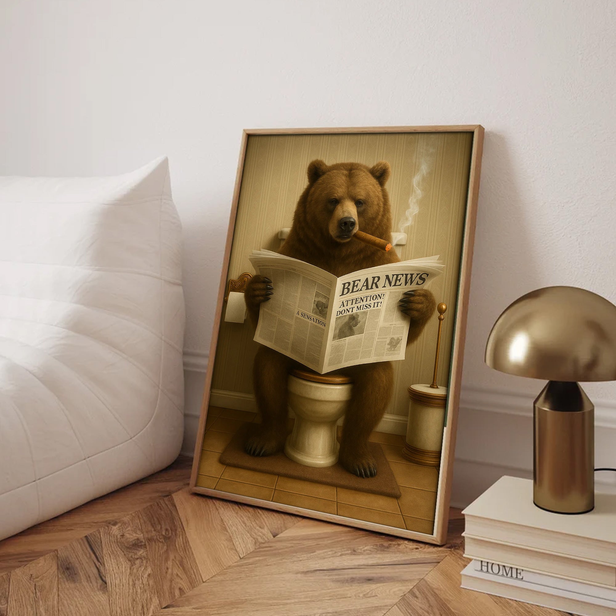 Grizzly Bear Bathroom Canvas – Funny Cabin Decor with Bear Hunting on Toilet Reading Newspaper - Gift for Outdoorsmen