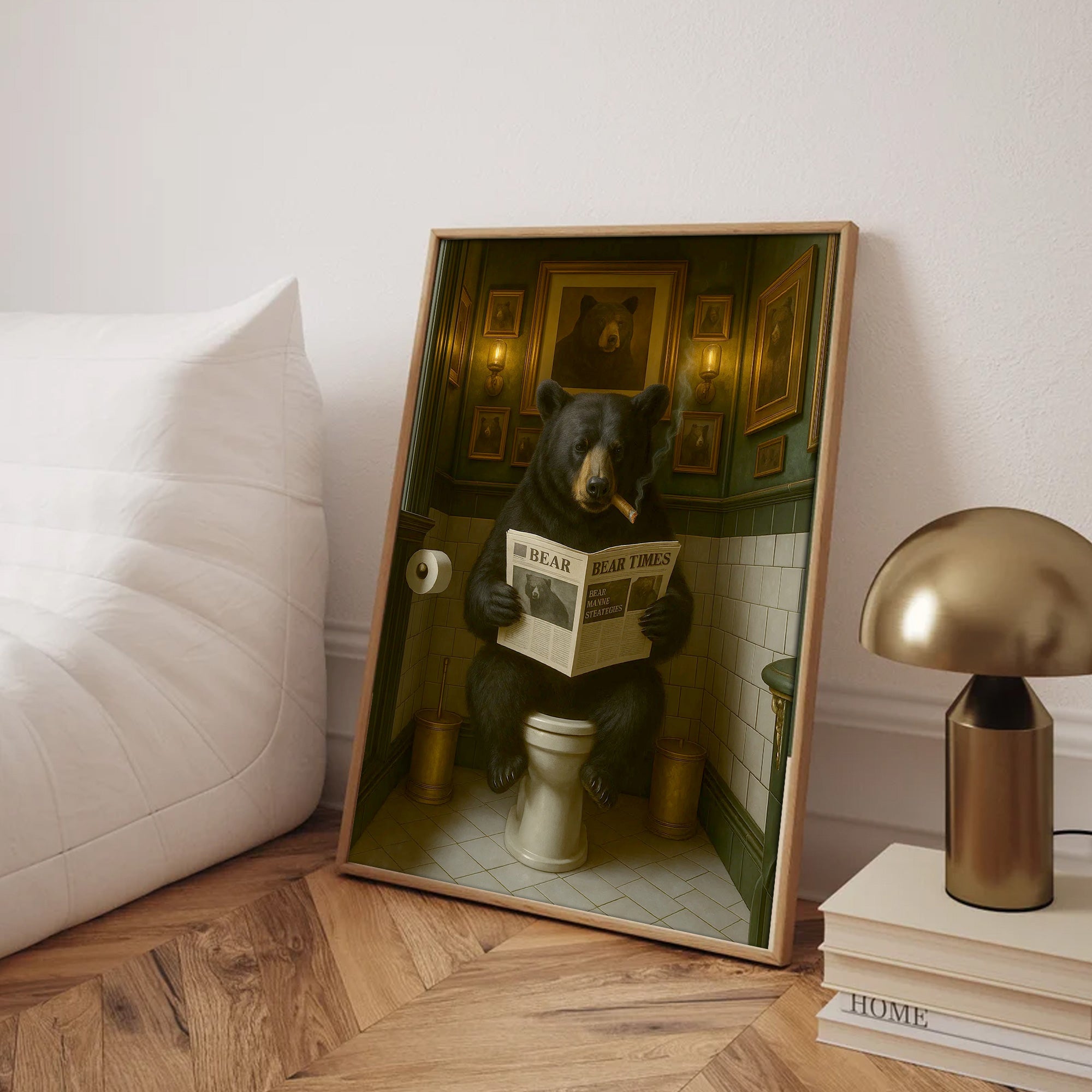 Funny Bear Hunting Bathroom Canvas – Black Bear On Toilet Reading Newspaper - Rustic Lodge Decor for Dad or Hunters