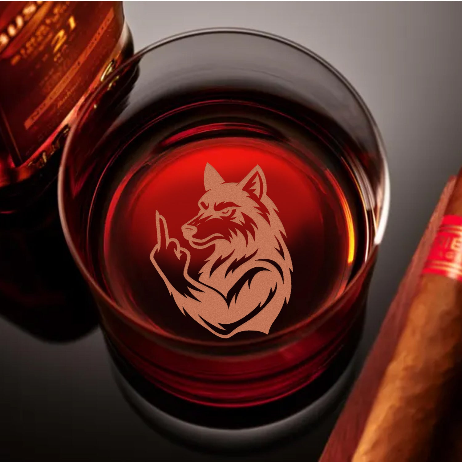 Savage Wolf Engraved Whiskey Glass – Funny Middle Finger Whiskey Glass for Badass Men & Hunters