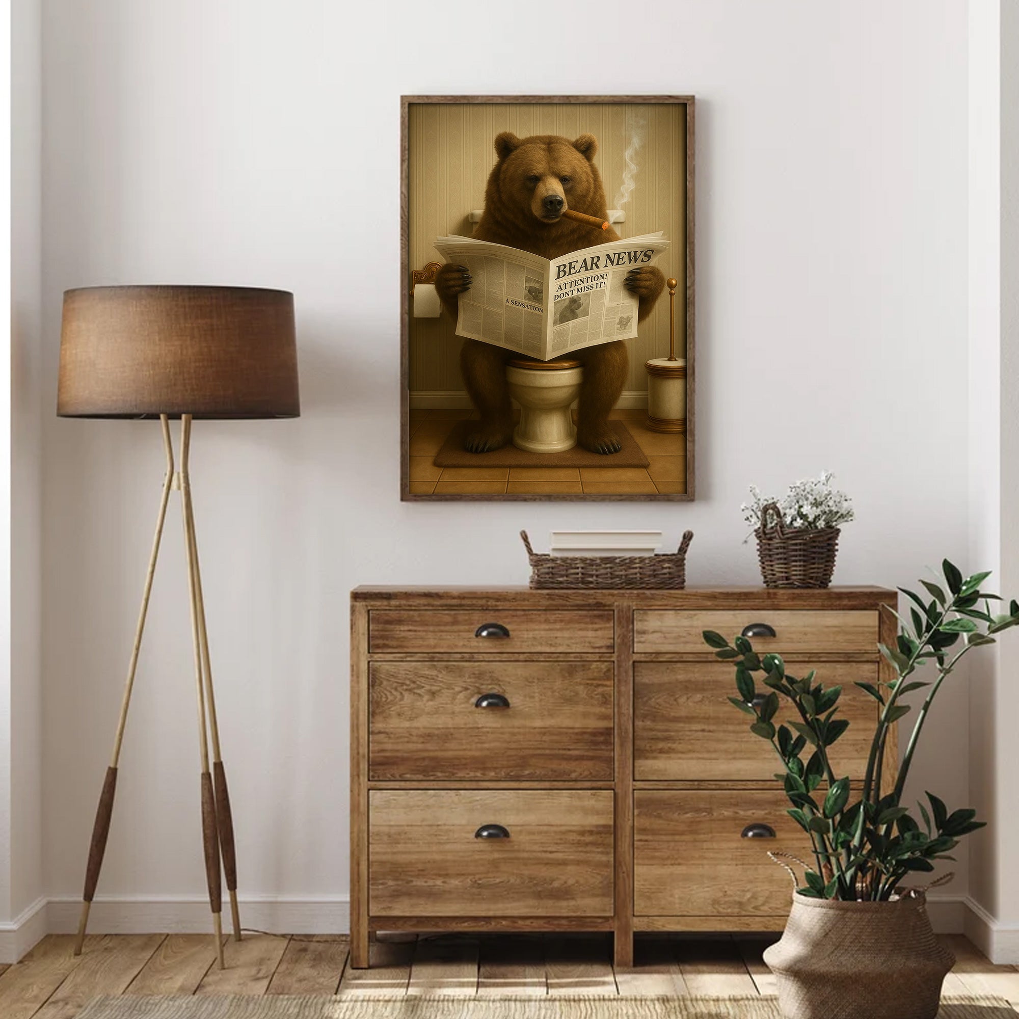 Grizzly Bear Bathroom Canvas – Funny Cabin Decor with Bear Hunting on Toilet Reading Newspaper - Gift for Outdoorsmen
