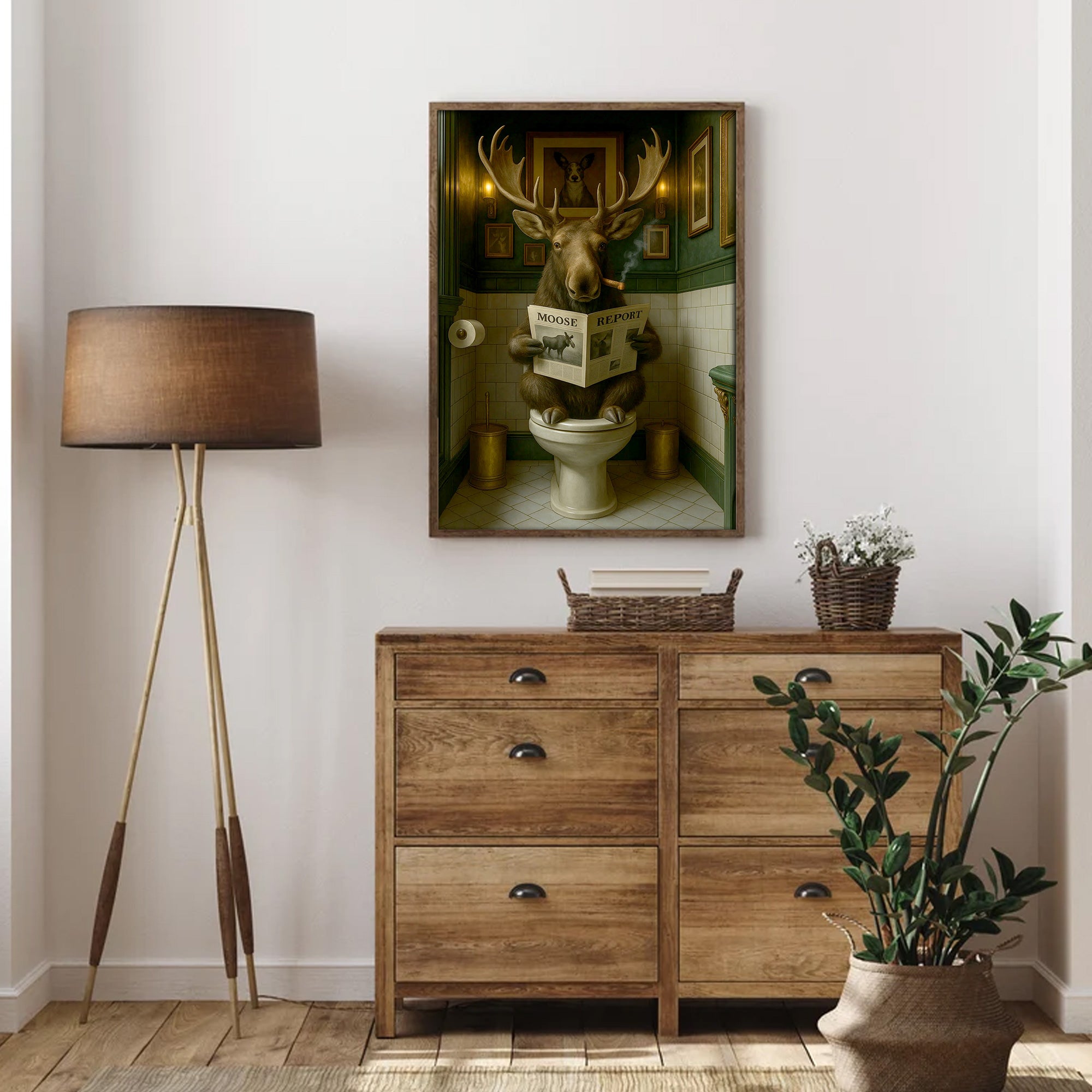 Funny Moose Bathroom Poster Canvas – Rustic Lodge Wall Art with Moose Reading ‘Moose Report’ - Gift for Hunters & Men