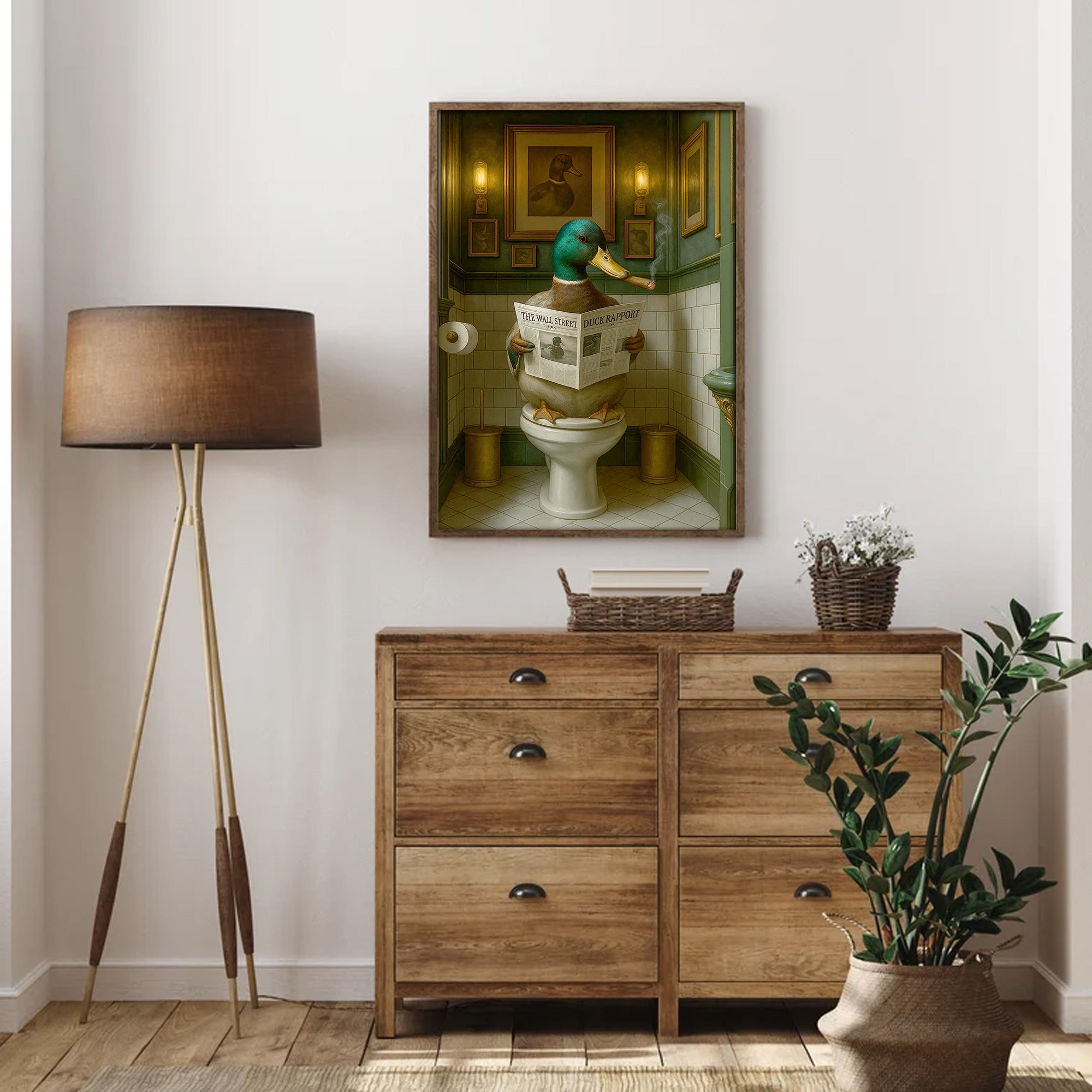 Duck Reading News Bathroom Wall Art – Rustic Decor for Men, Hunting Cabin Poster Hunters