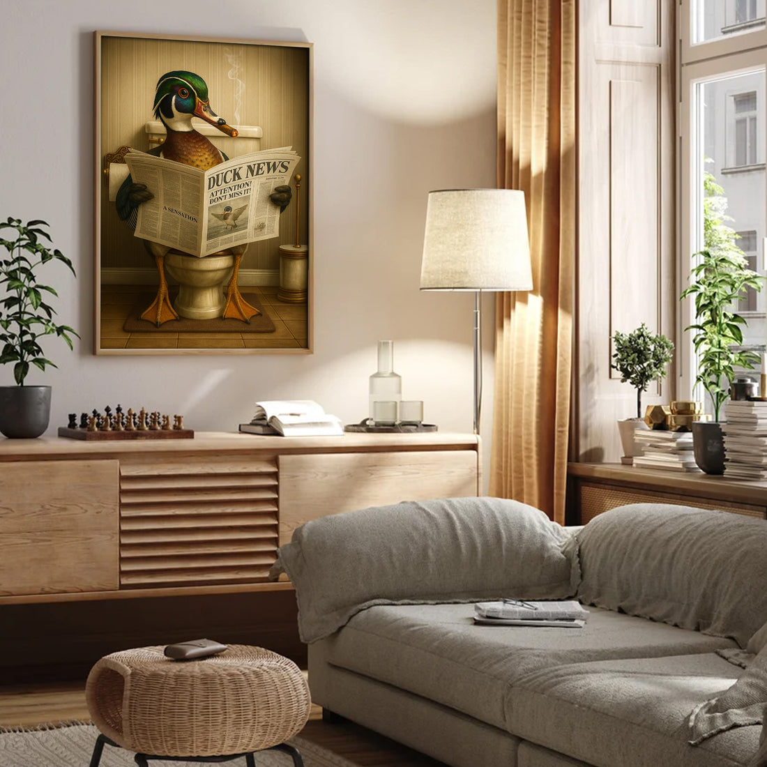 Funny Wood Duck Read Newspaper Bathroom Canvas – Hunting Wildlife Animal Poster - Unique Gift for Dad, Hunters