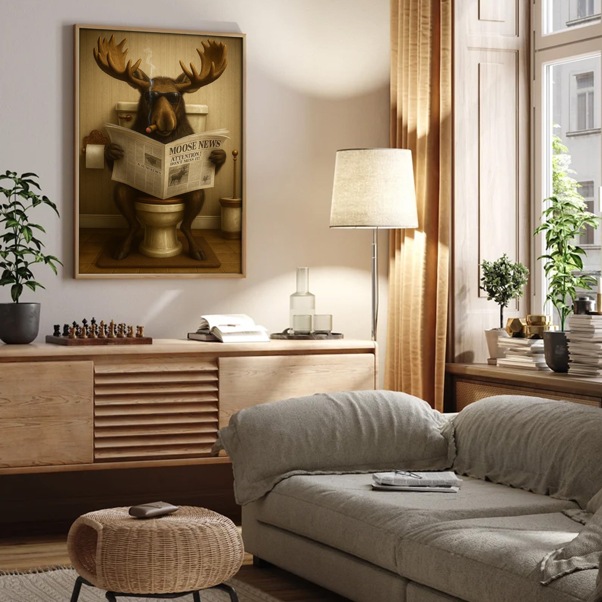 Funny Elk Hunting Lodge Moose Bathroom Canvas Wall Art – Wildlife Animal Poster - Unique Gift for Dad, Hunters & Outdoorsmen