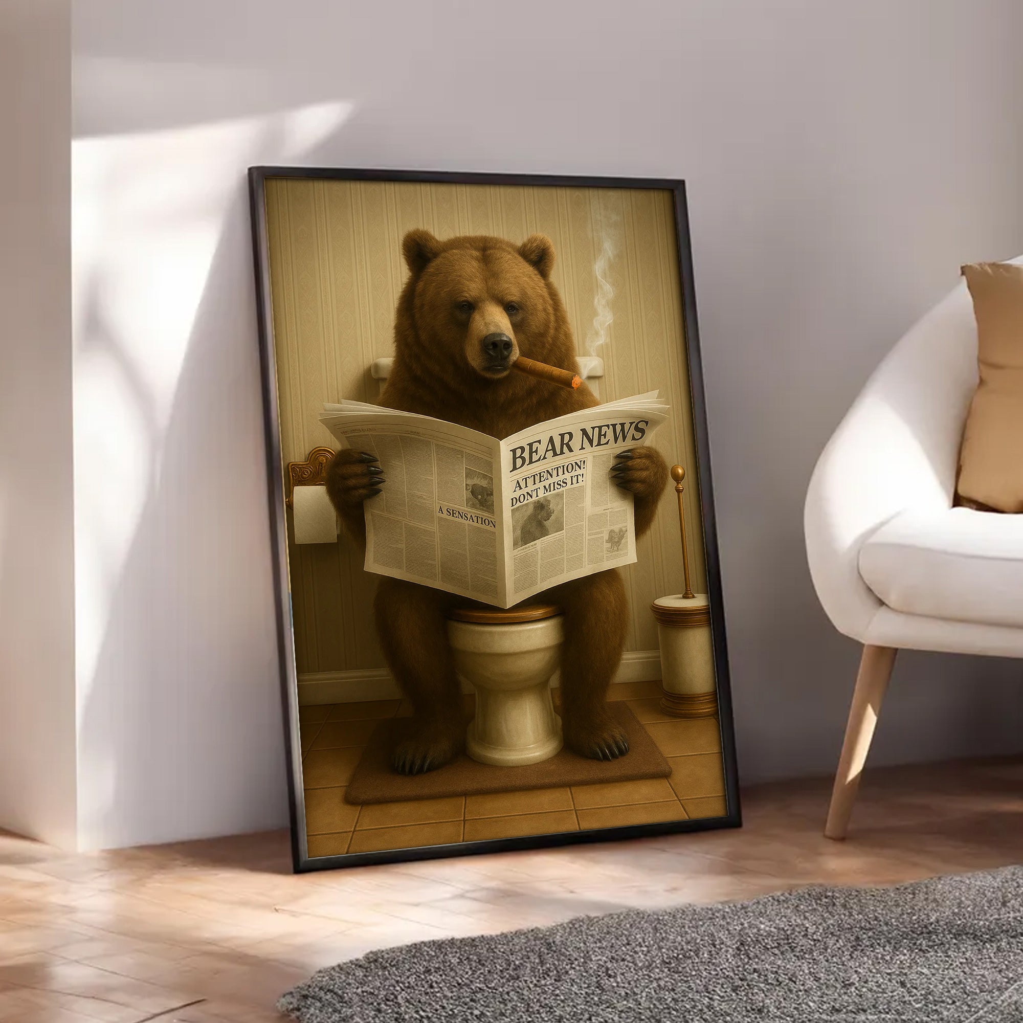 Grizzly Bear Bathroom Canvas – Funny Cabin Decor with Bear Hunting on Toilet Reading Newspaper - Gift for Outdoorsmen