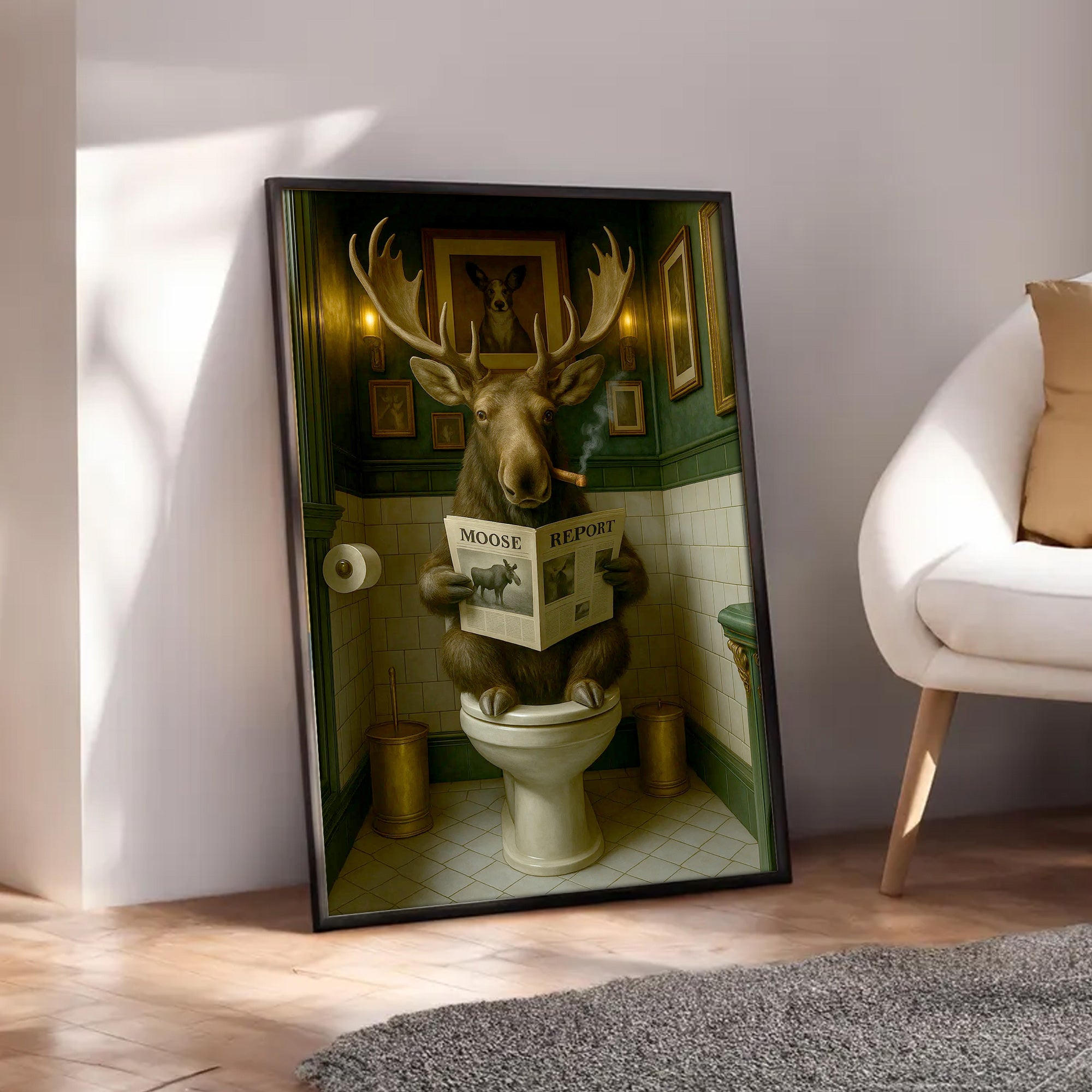 Funny Moose Bathroom Poster Canvas – Rustic Lodge Wall Art with Moose Reading ‘Moose Report’ - Gift for Hunters & Men