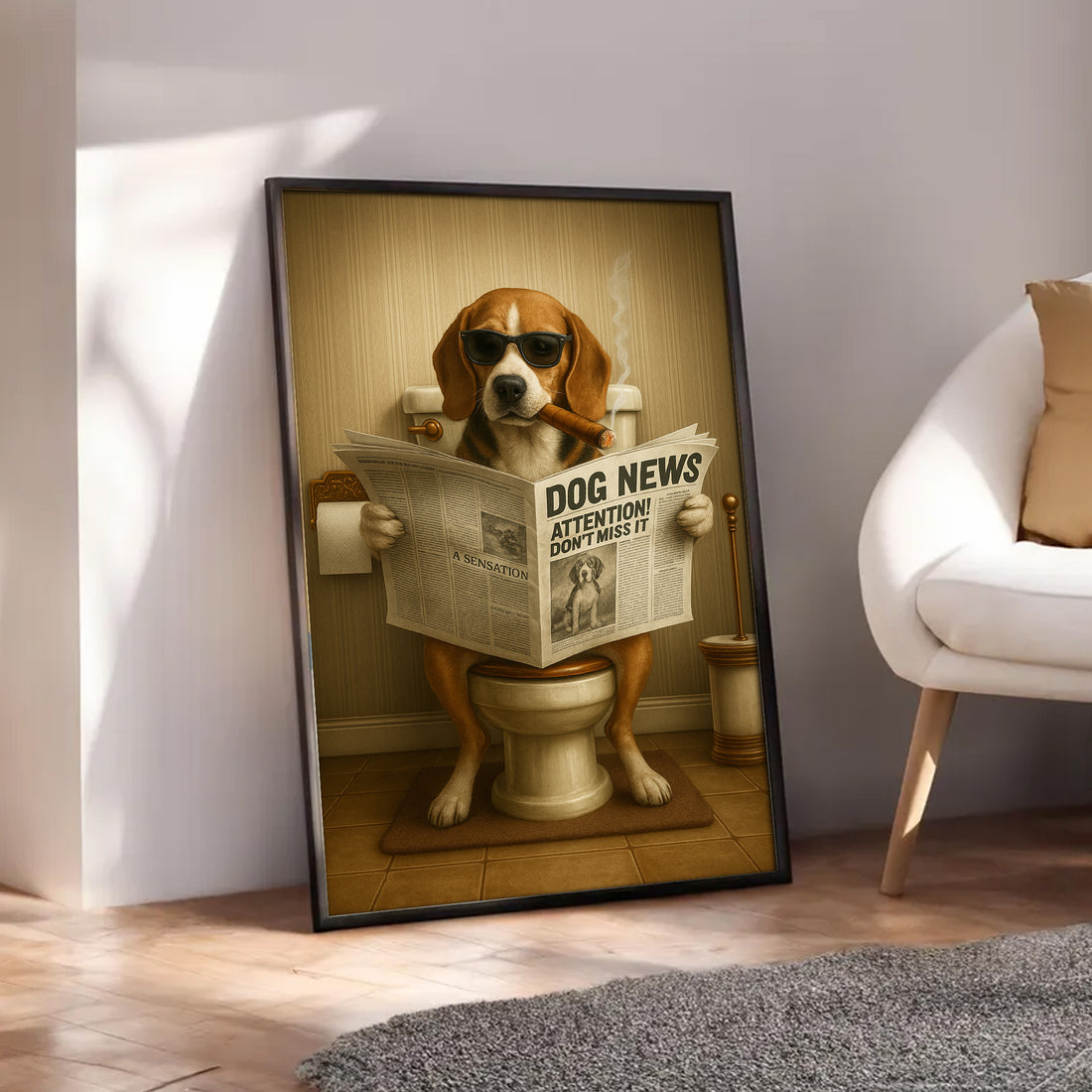Funny Beagle Reading Newspaper Canvas – Funny Dog Hunting Bathroom Wall Art, Rustic Cabin Decor, Gift for Men