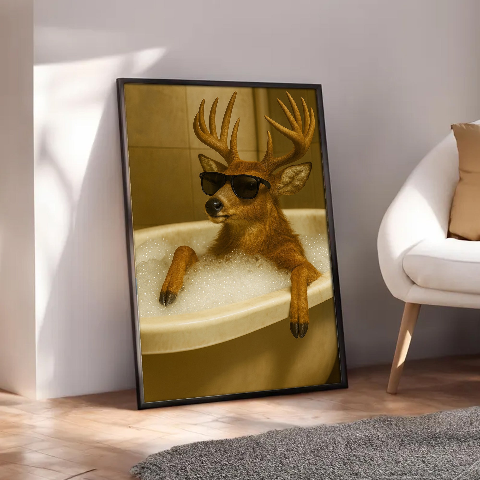 Funny Deer Wall Art – Cool Buck in Bathtub Poster for Hunters & Rustic Cabin Decor