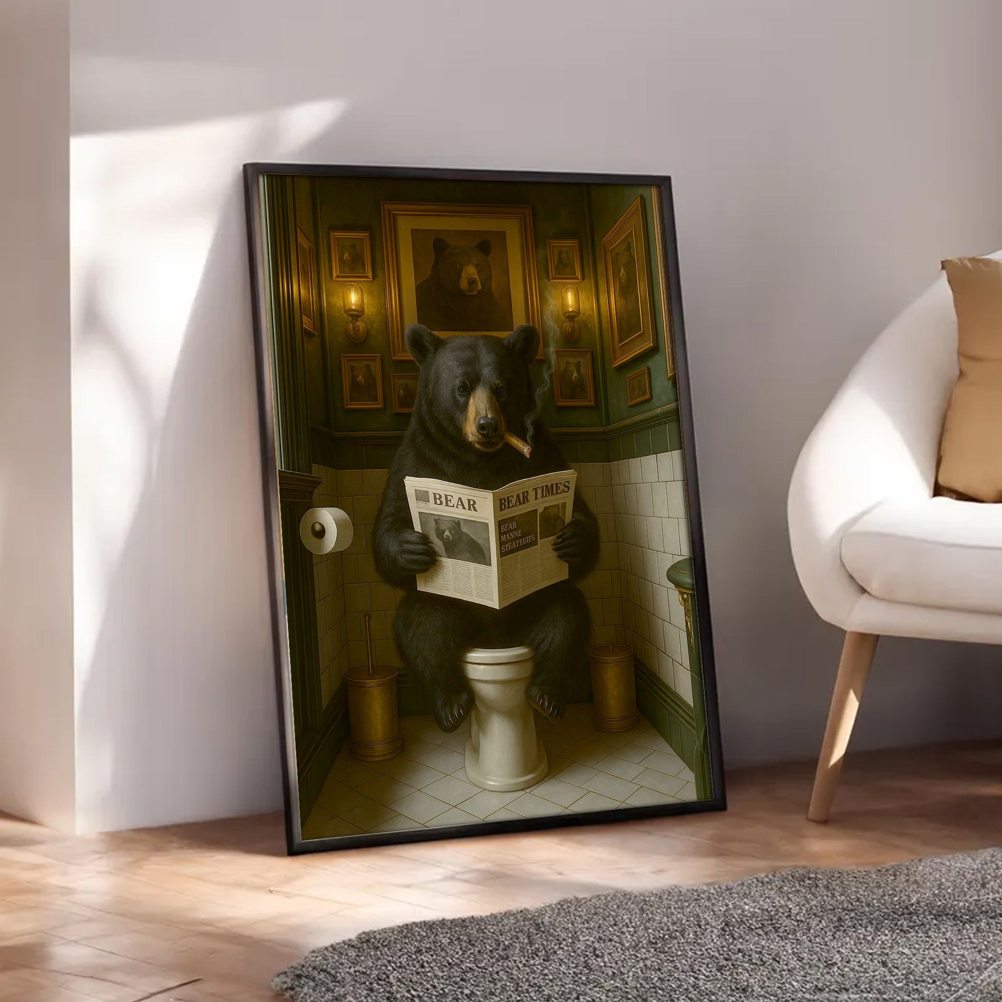Funny Bear Hunting Bathroom Canvas – Black Bear On Toilet Reading Newspaper - Rustic Lodge Decor for Dad or Hunters