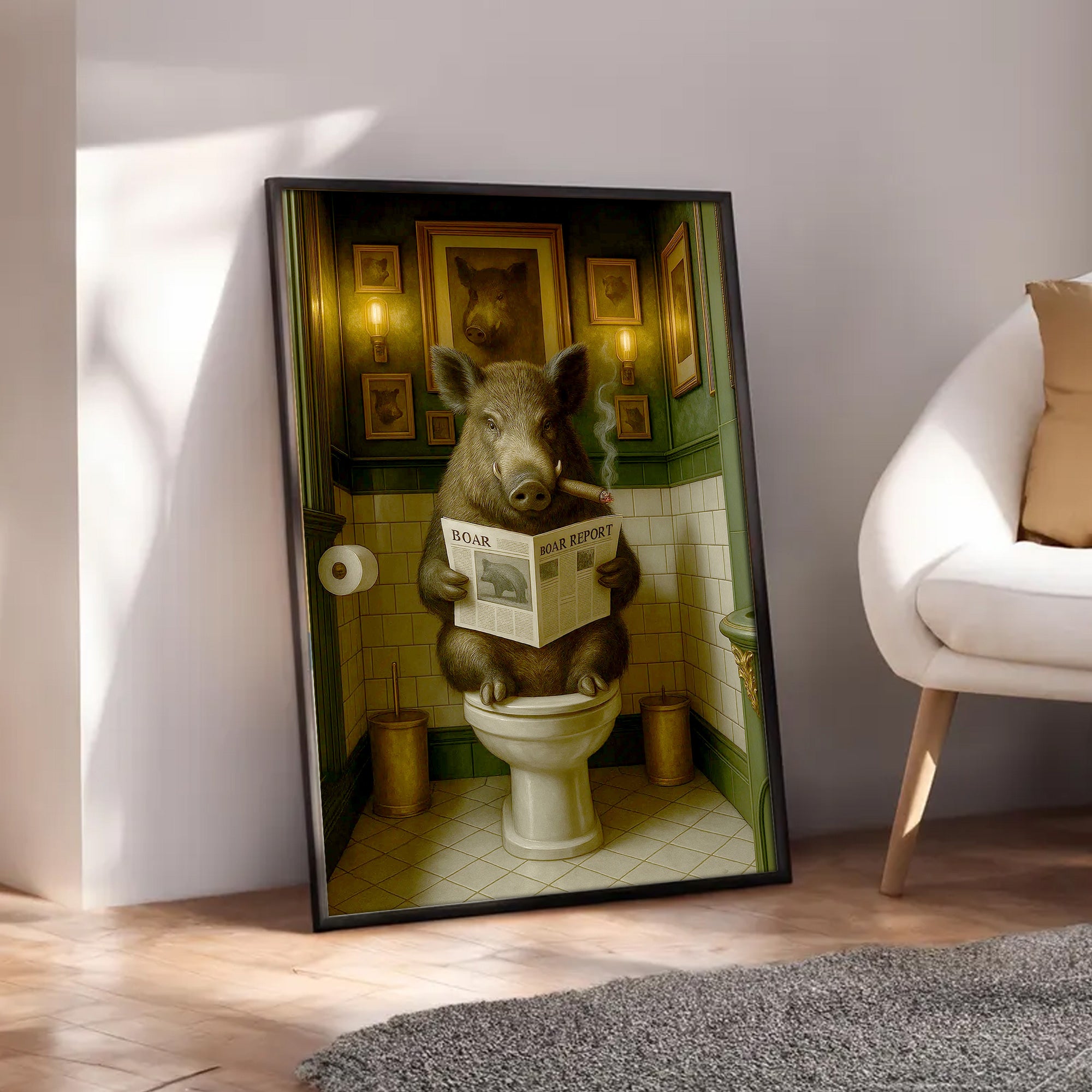Boar Reading News Smoking Bathroom Wall Art – Rustic Decor for Men, Hilarious Gift for Men, Hunter