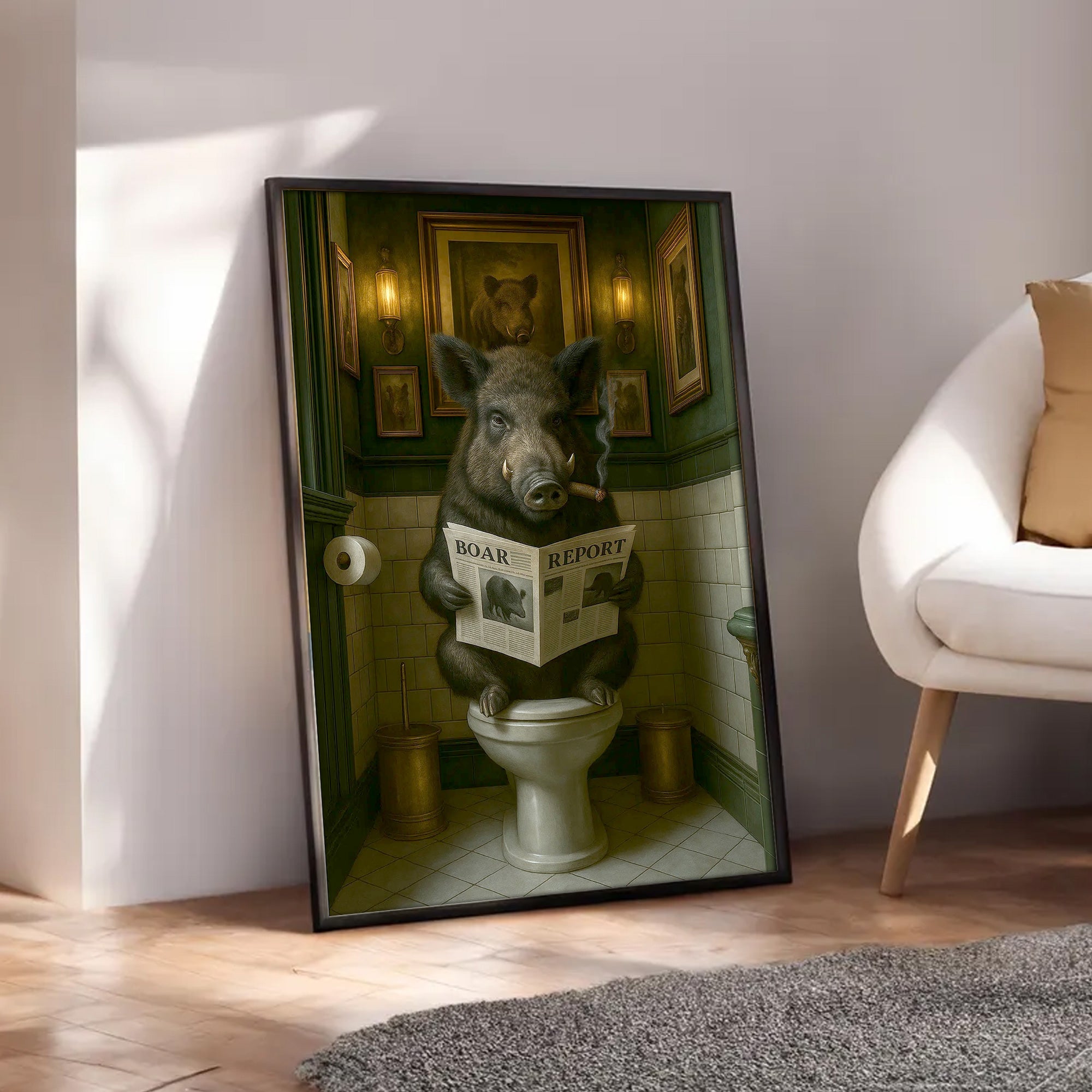 Funny Comical Wild Hog Poster – Smoking Boar on Toilet - Unique Rustic Gift for Hunters or Cabin Bathroom Decor