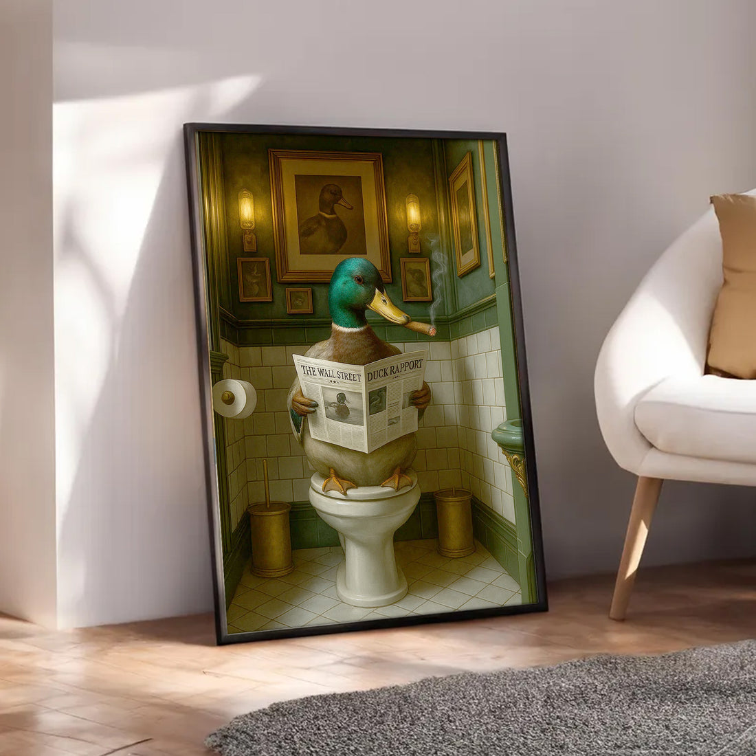 Duck Reading News Bathroom Wall Art – Rustic Decor for Men, Hunting Cabin Poster Hunters