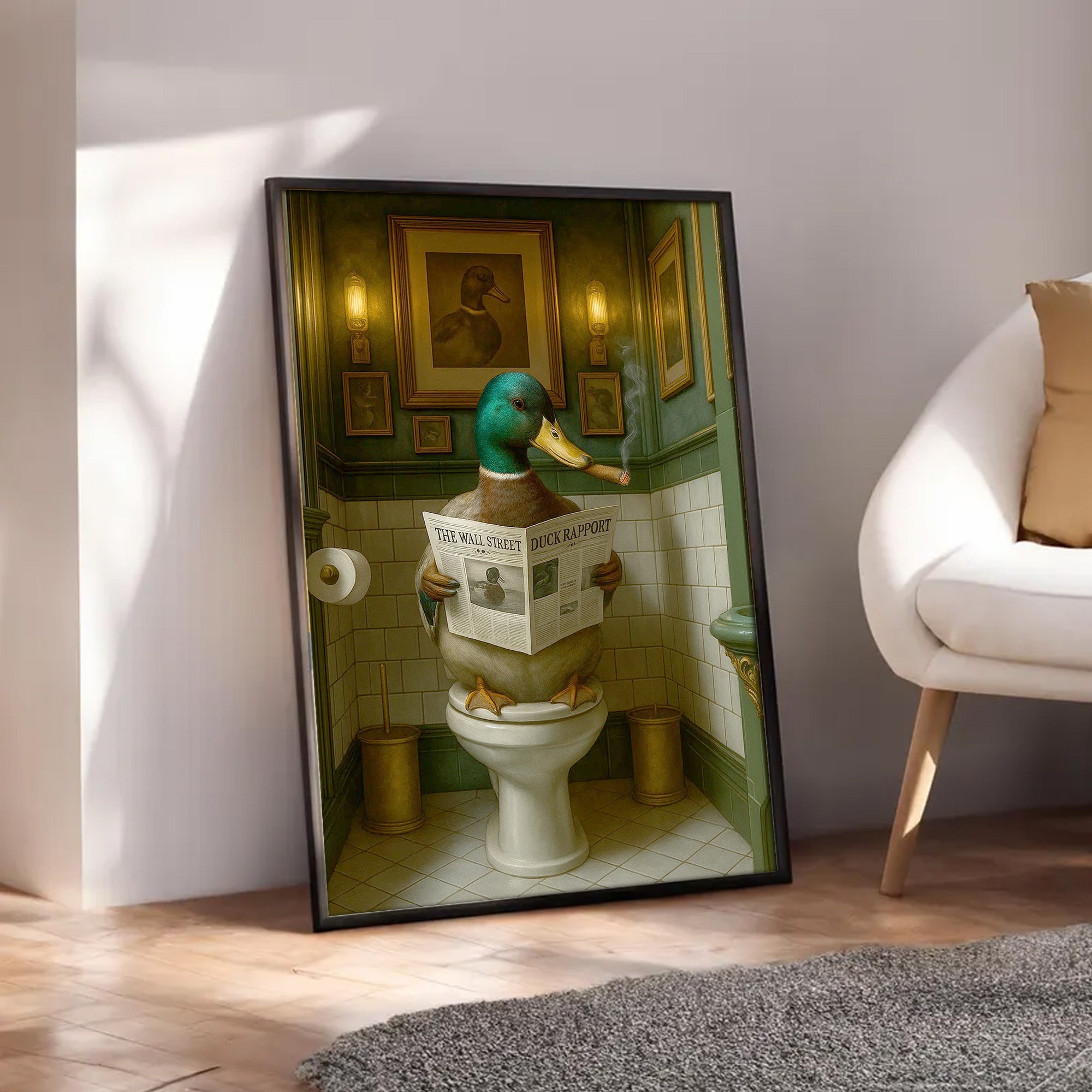 Duck Reading News Bathroom Wall Art – Rustic Decor for Men, Hunting Cabin Poster Hunters