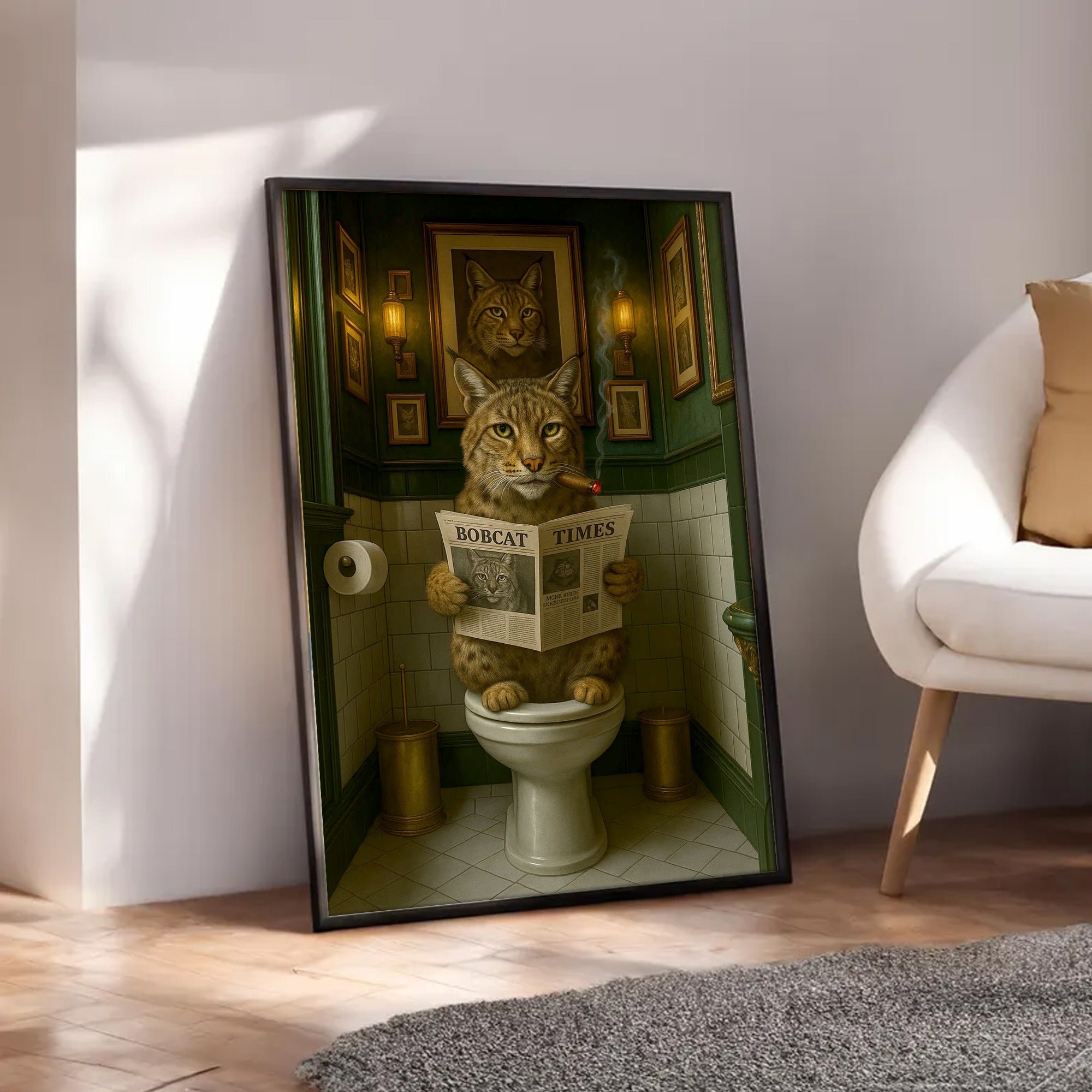 Funny Rustic Bobcat Wall Art Canvas – Smoking-Smoking Wild Cat Reading Newspaper - Rustic Lodge Wall Art, Gift for Hunters