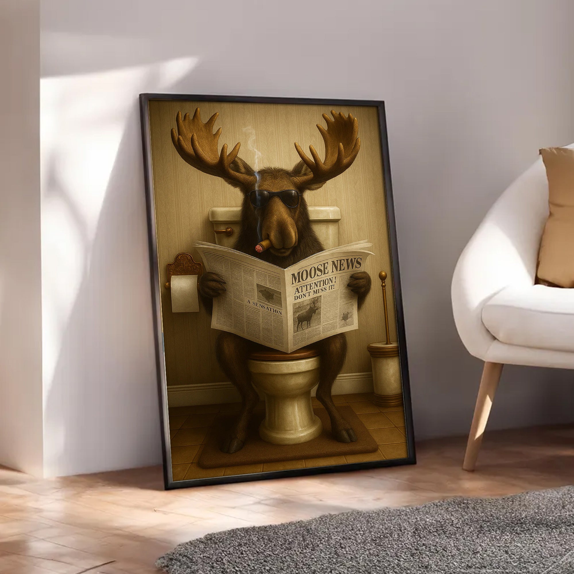 Funny Elk Hunting Lodge Moose Bathroom Canvas Wall Art – Wildlife Animal Poster - Unique Gift for Dad, Hunters & Outdoorsmen