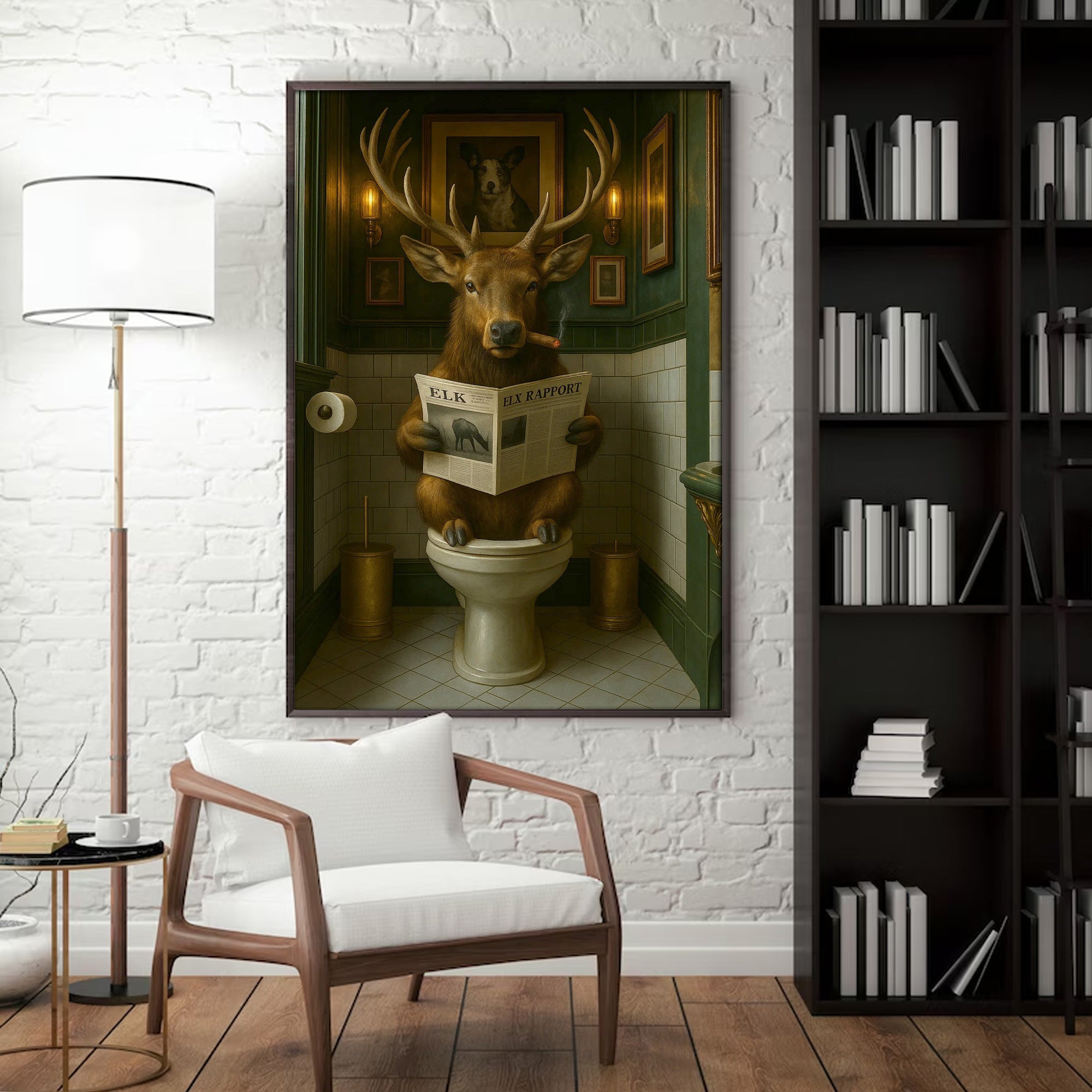 Funny Elk Bathroom Canvas – Smoking-Smoking Deer Reading Newspaper on Toilet - Rustic Cabin Wall Art for Hunters