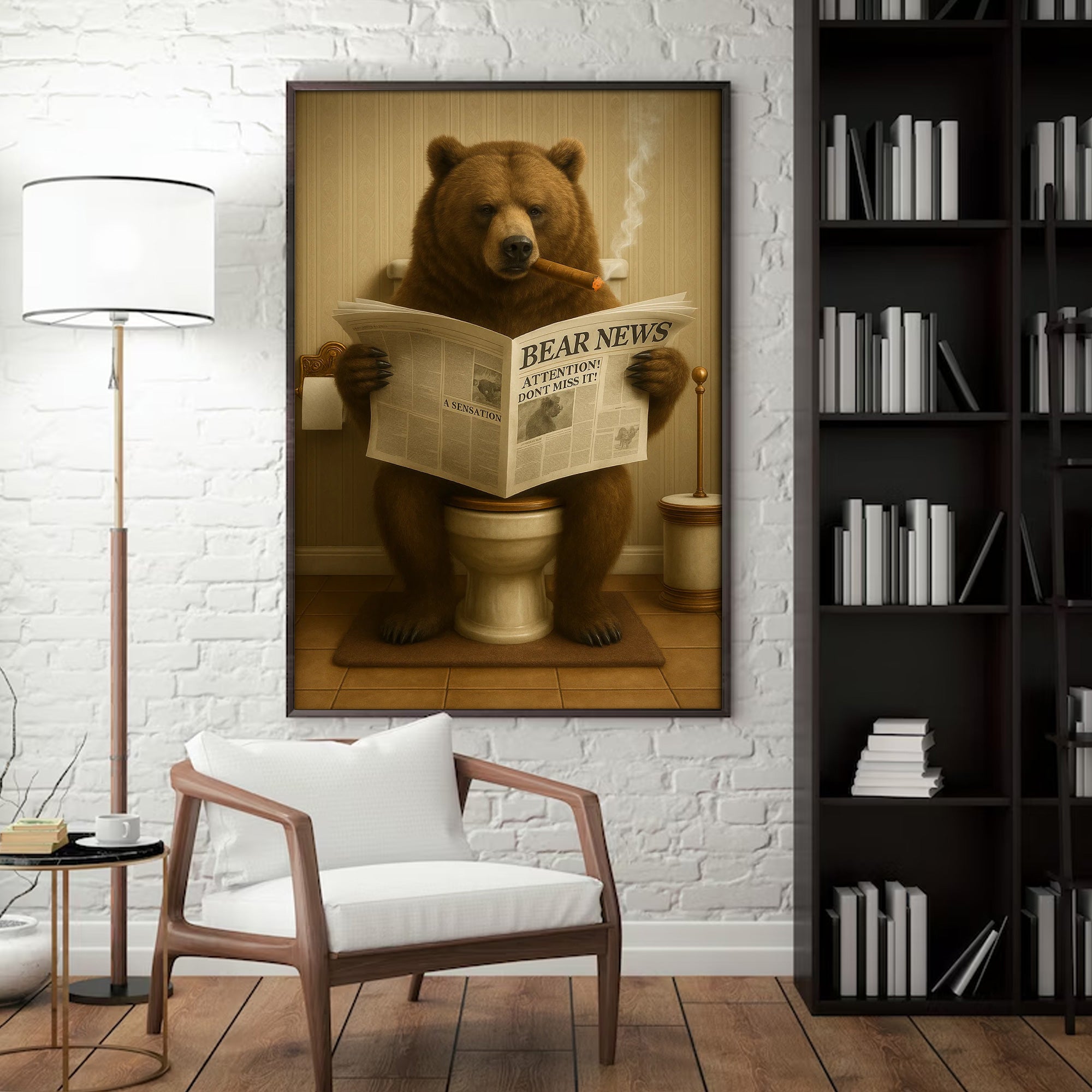 Grizzly Bear Bathroom Canvas – Funny Cabin Decor with Bear Hunting on Toilet Reading Newspaper - Gift for Outdoorsmen
