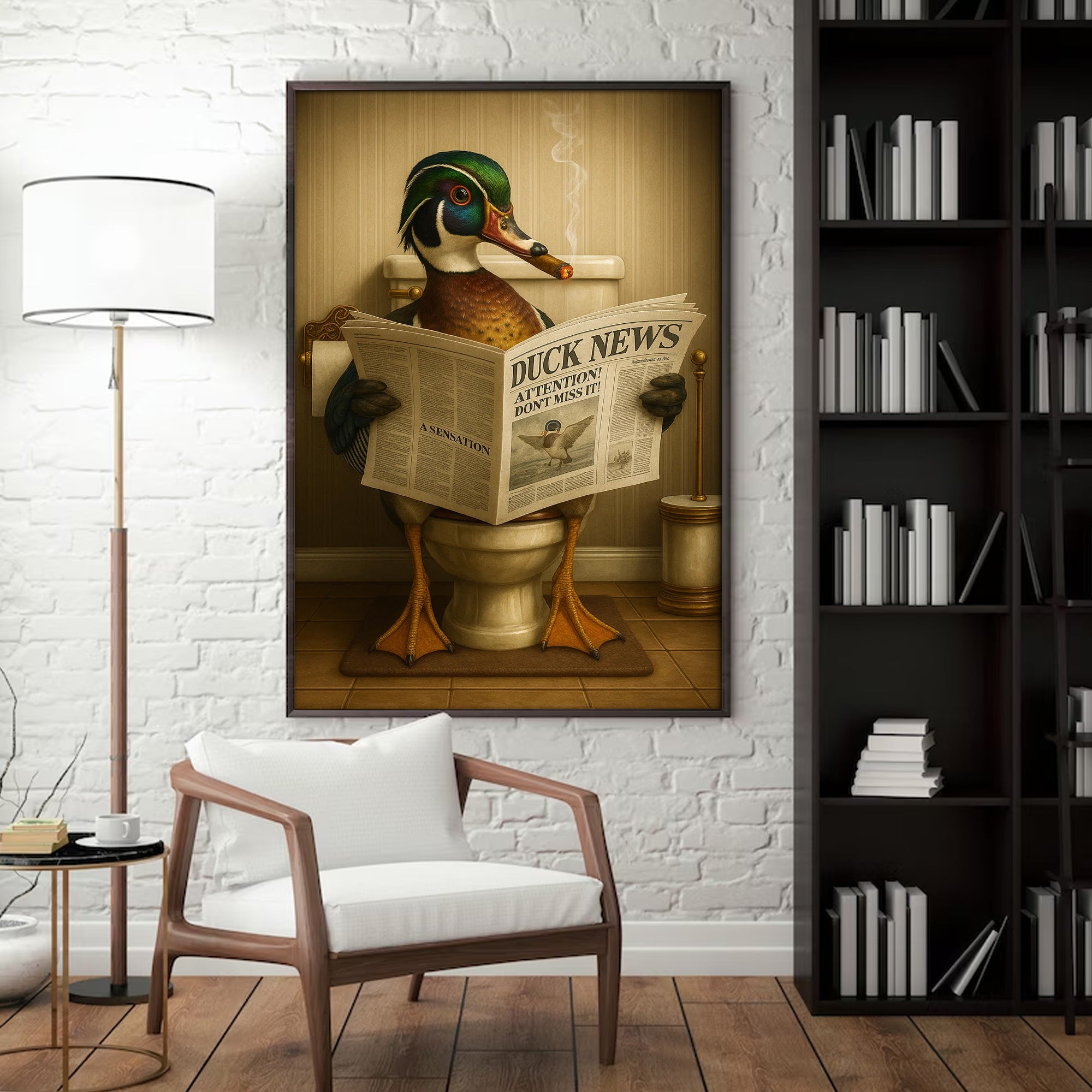 Funny Wood Duck Read Newspaper Bathroom Canvas – Hunting Wildlife Animal Poster - Unique Gift for Dad, Hunters