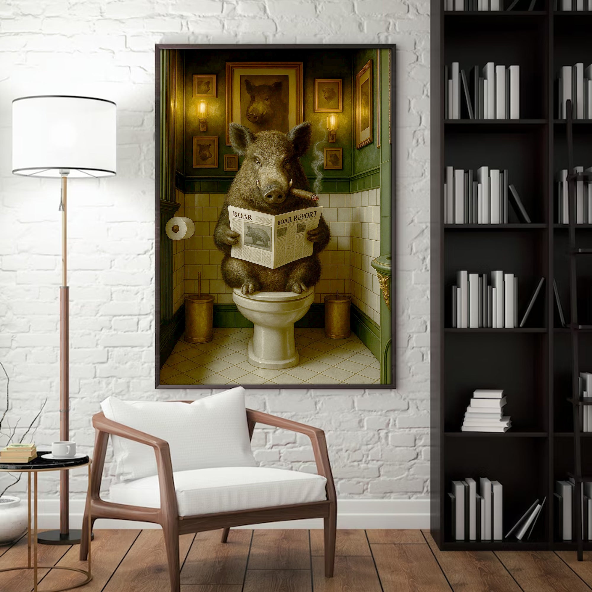 Boar Reading News Smoking Bathroom Wall Art – Rustic Decor for Men, Hilarious Gift for Men, Hunter