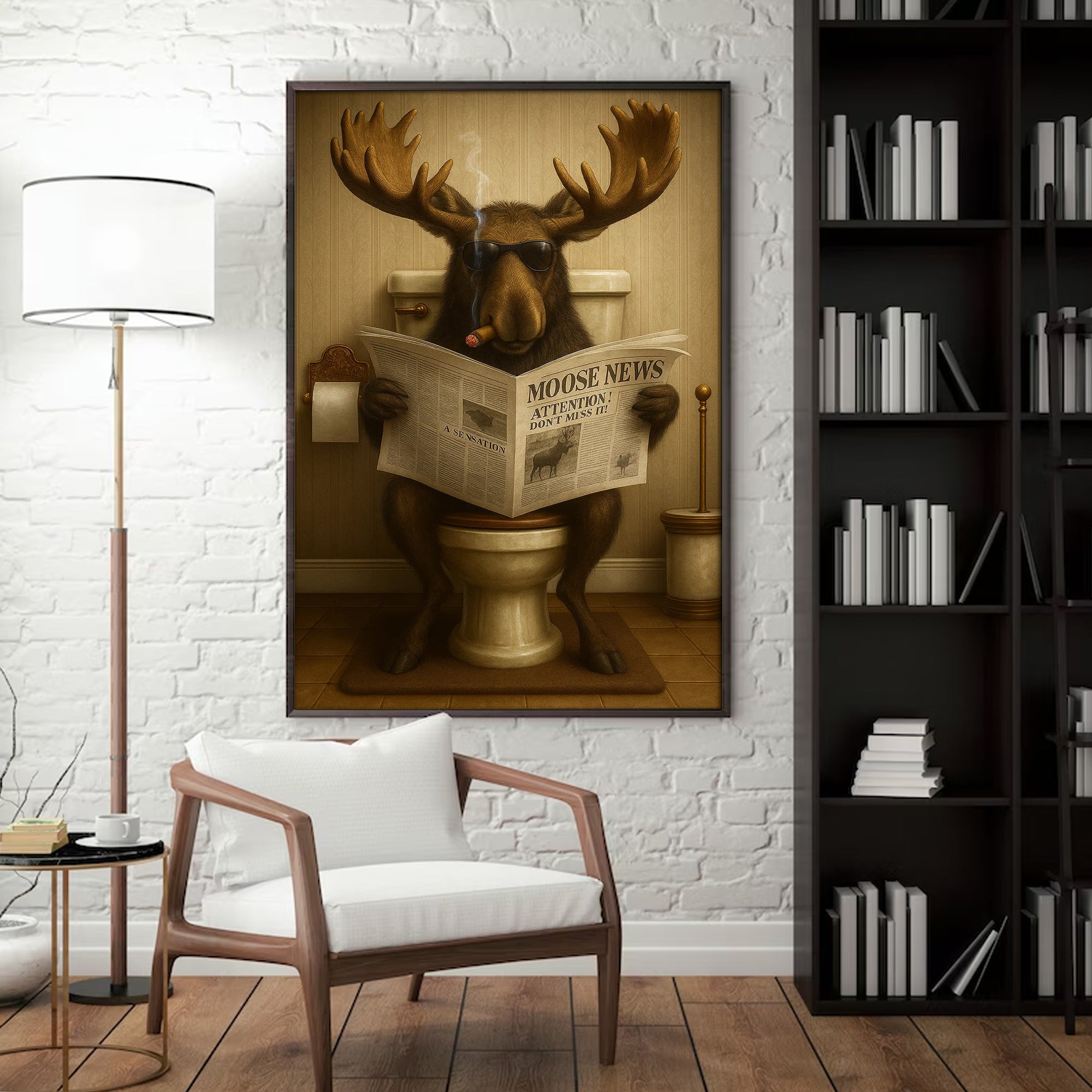 Funny Elk Hunting Lodge Moose Bathroom Canvas Wall Art – Wildlife Animal Poster - Unique Gift for Dad, Hunters & Outdoorsmen