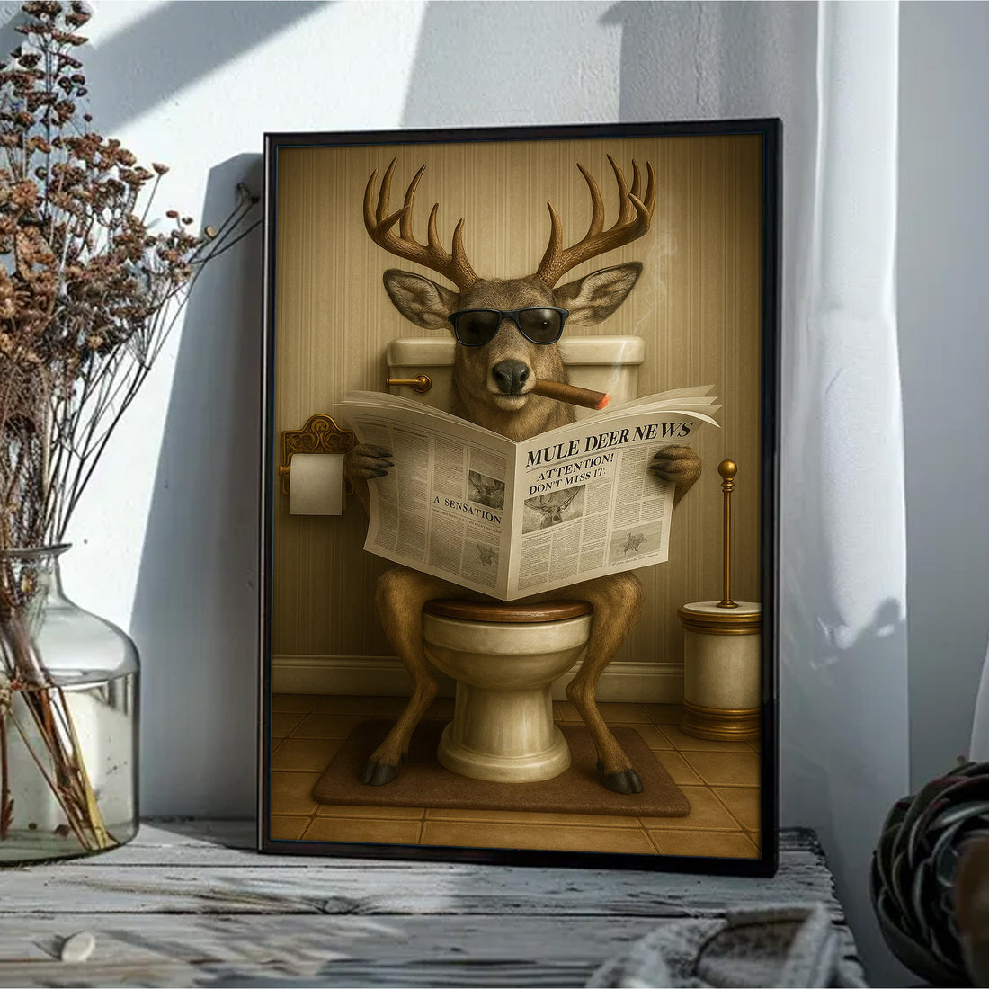 Funny Mule Deer Newspaper Bathroom Canvas Wall Art – Wildlife Animal Poster - Unique Gift for Dad, Hunters & Outdoorsmen