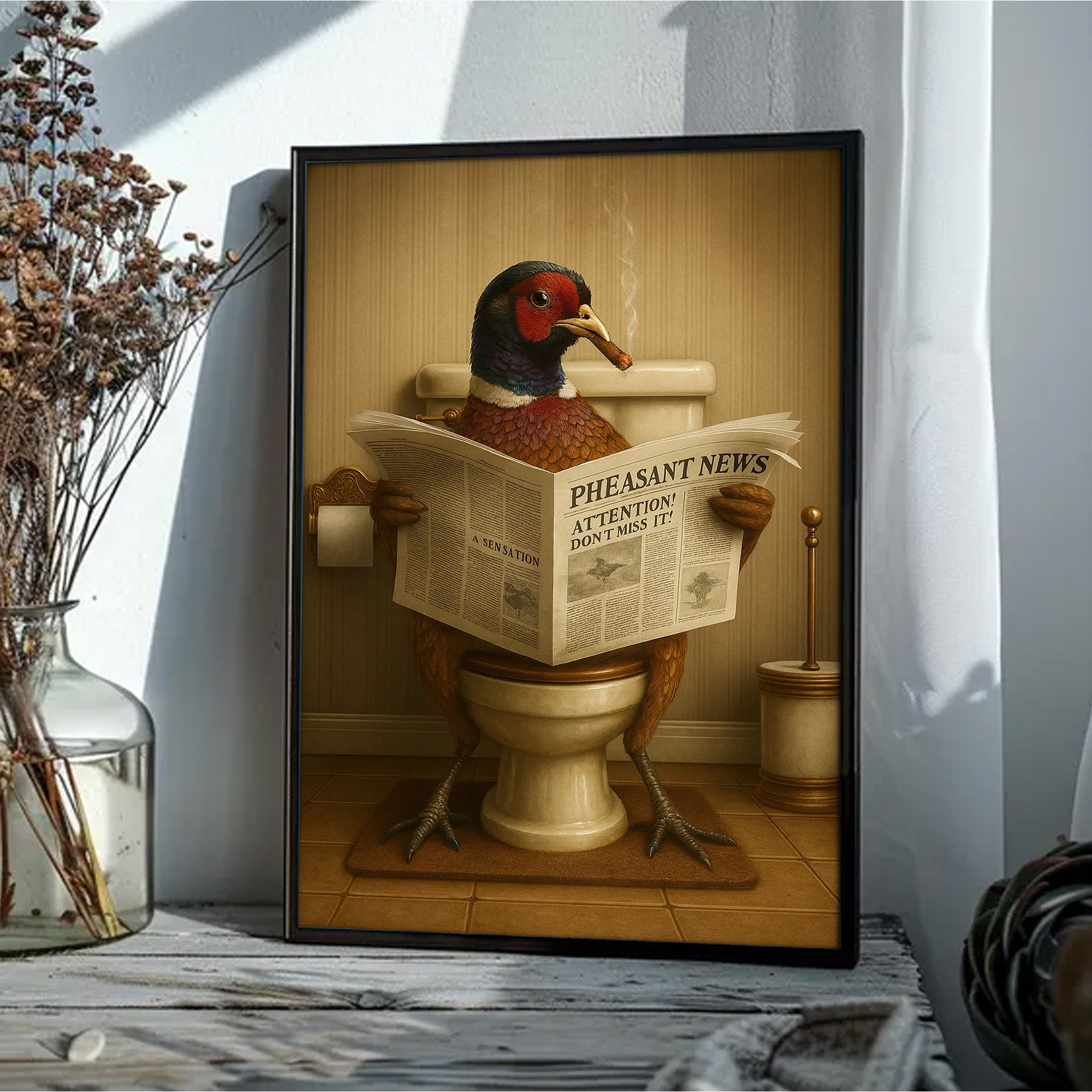 Phesan Reading News Smoking Bathroom Wall Art – Rustic Decor for Men, Hilarious Gift for Men, Hunter