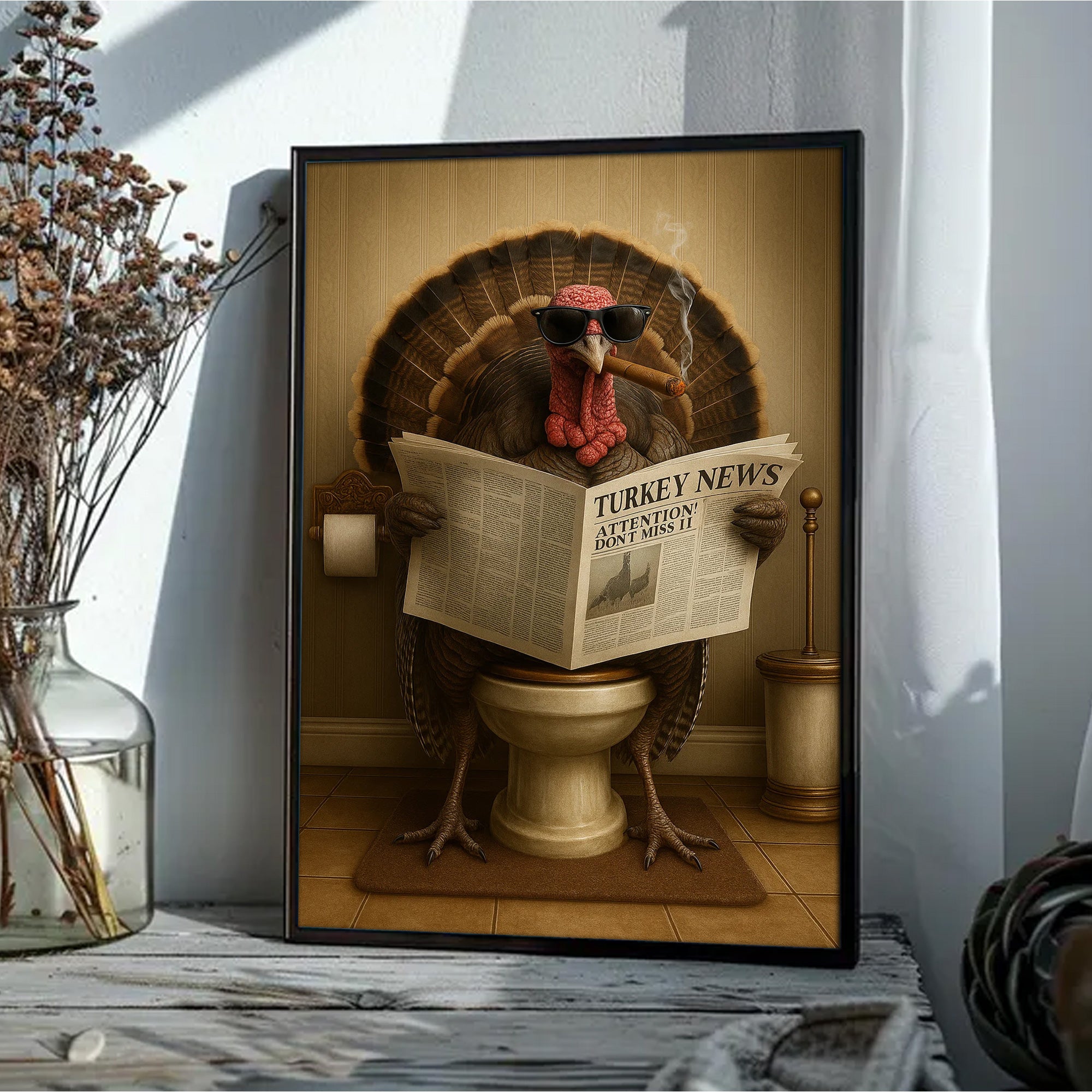 Turkey Reading News Smoking Bathroom Wall Art – Rustic Decor for Men, Hilarious Gift for Men, Hunter