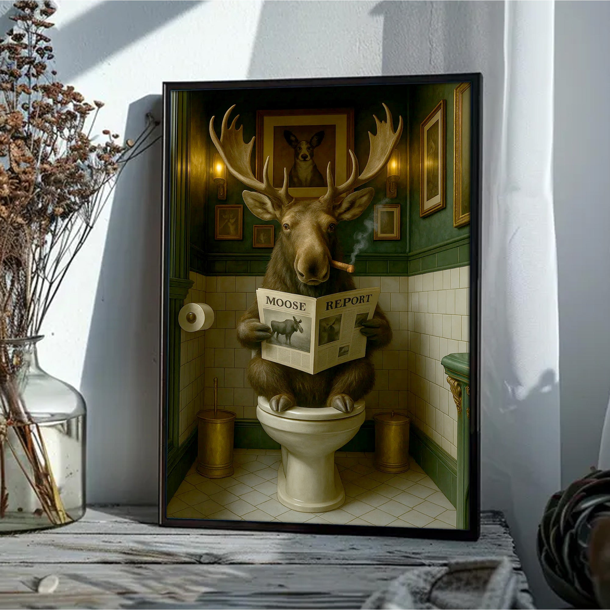 Funny Moose Bathroom Poster Canvas – Rustic Lodge Wall Art with Moose Reading ‘Moose Report’ - Gift for Hunters & Men