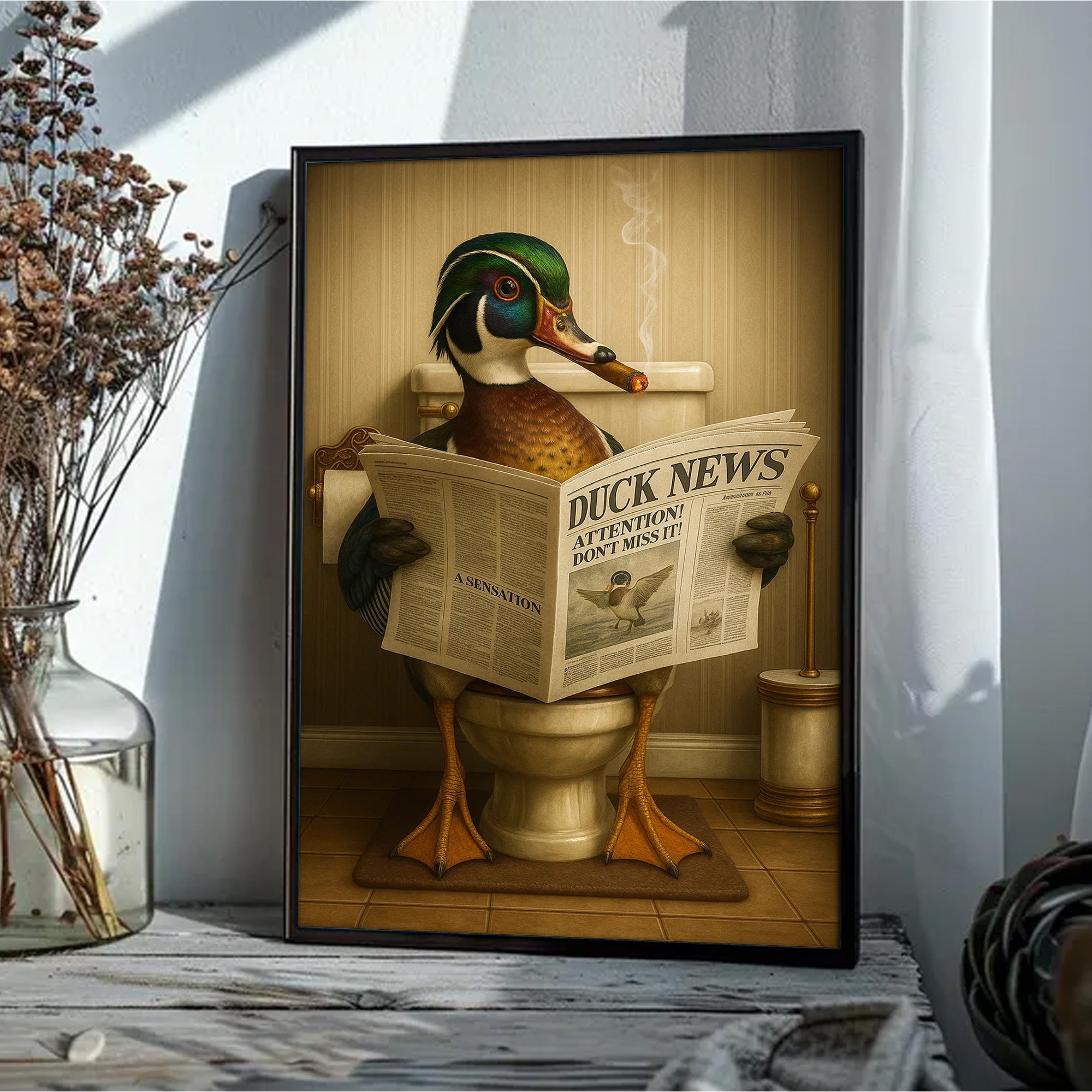 Funny Wood Duck Read Newspaper Bathroom Canvas – Hunting Wildlife Animal Poster - Unique Gift for Dad, Hunters