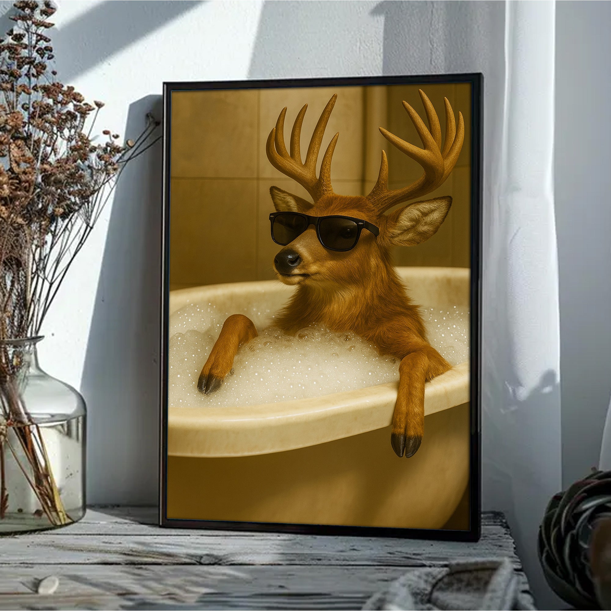 Funny Deer Wall Art – Cool Buck in Bathtub Poster for Hunters & Rustic Cabin Decor
