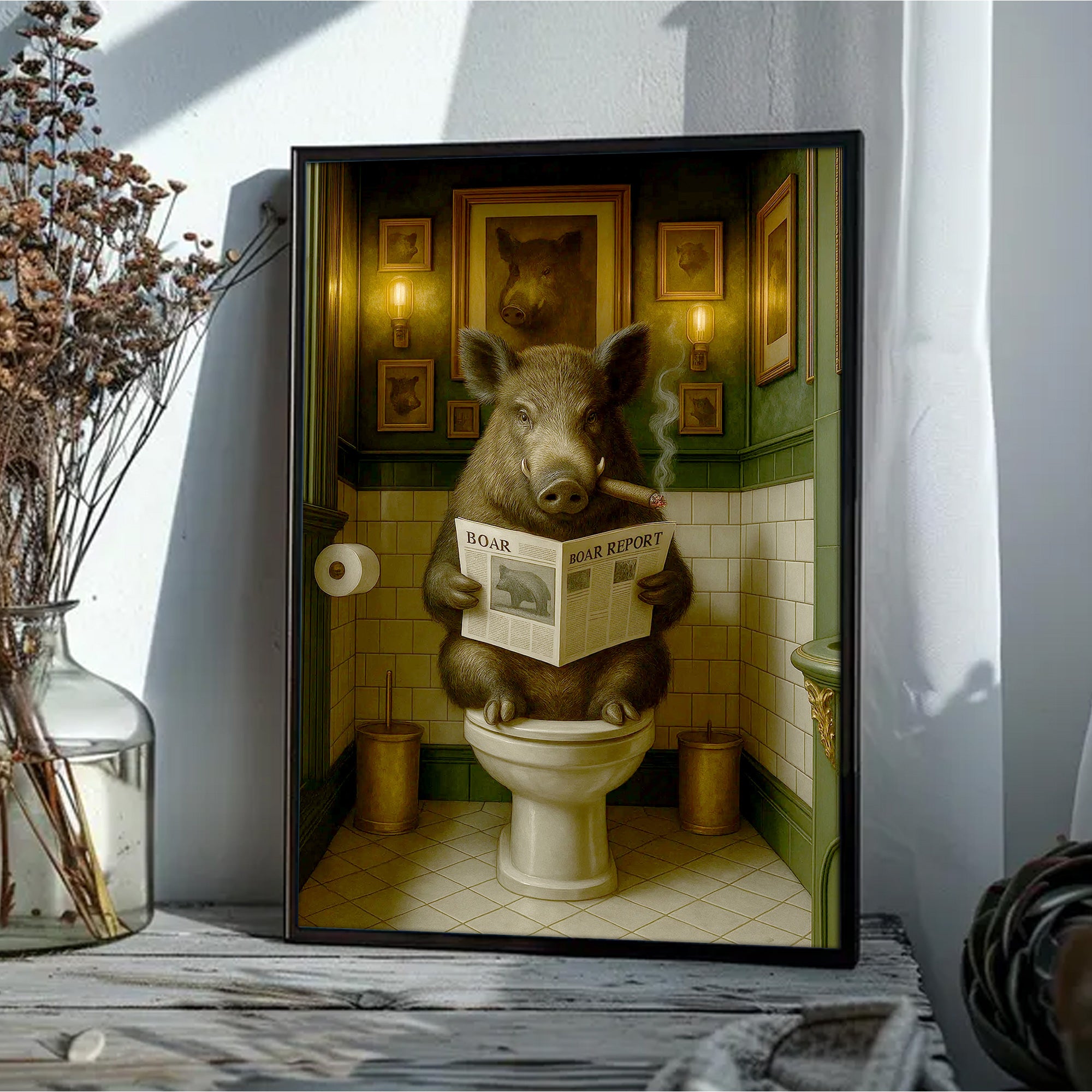 Boar Reading News Smoking Bathroom Wall Art – Rustic Decor for Men, Hilarious Gift for Men, Hunter