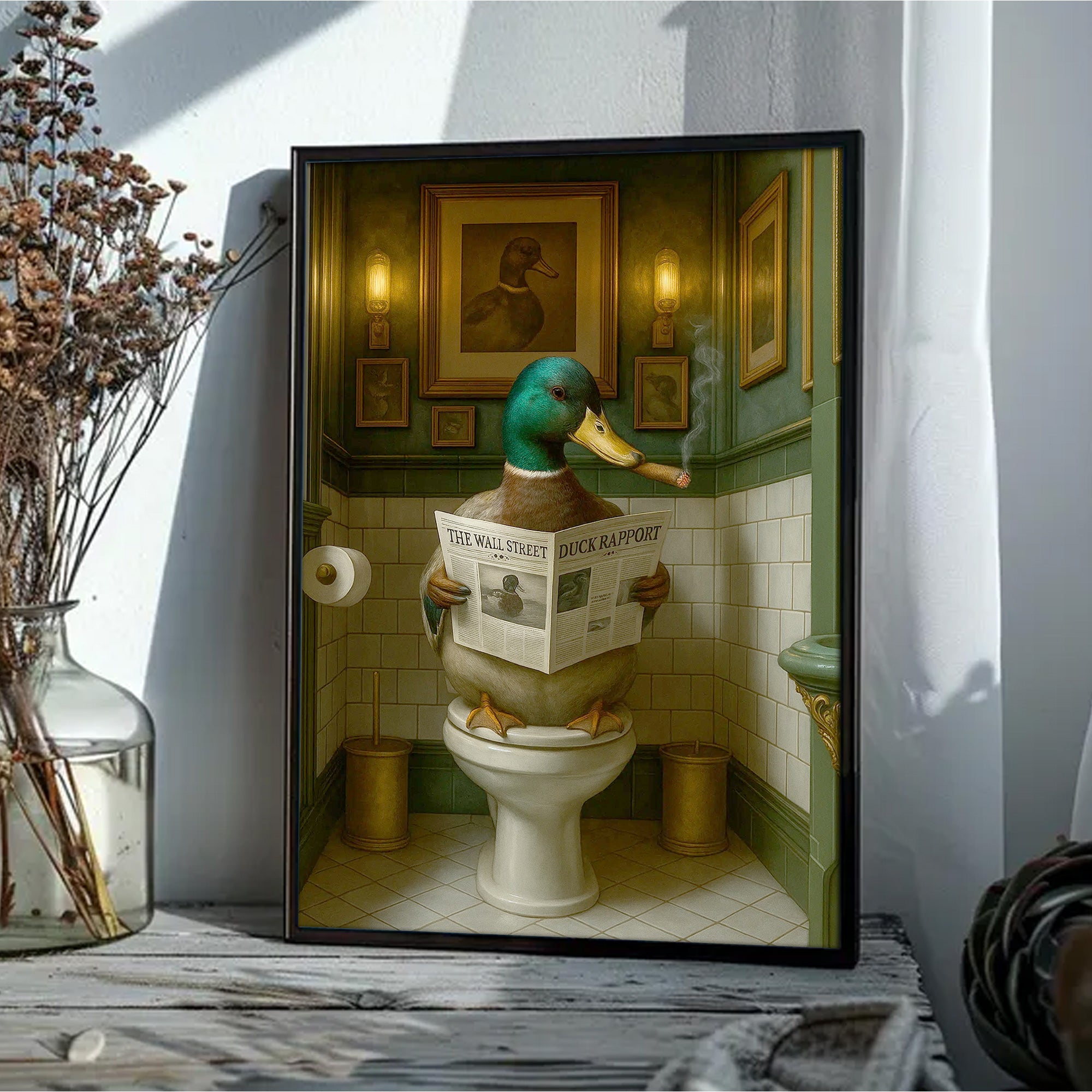 Duck Reading News Bathroom Wall Art – Rustic Decor for Men, Hunting Cabin Poster Hunters