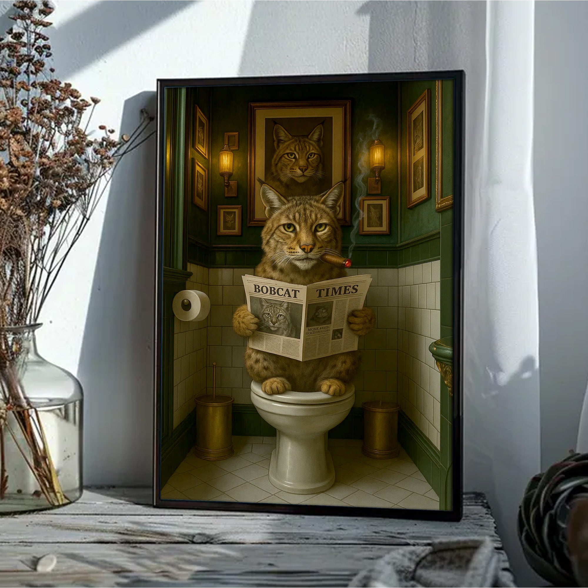 Funny Rustic Bobcat Wall Art Canvas – Smoking-Smoking Wild Cat Reading Newspaper - Rustic Lodge Wall Art, Gift for Hunters