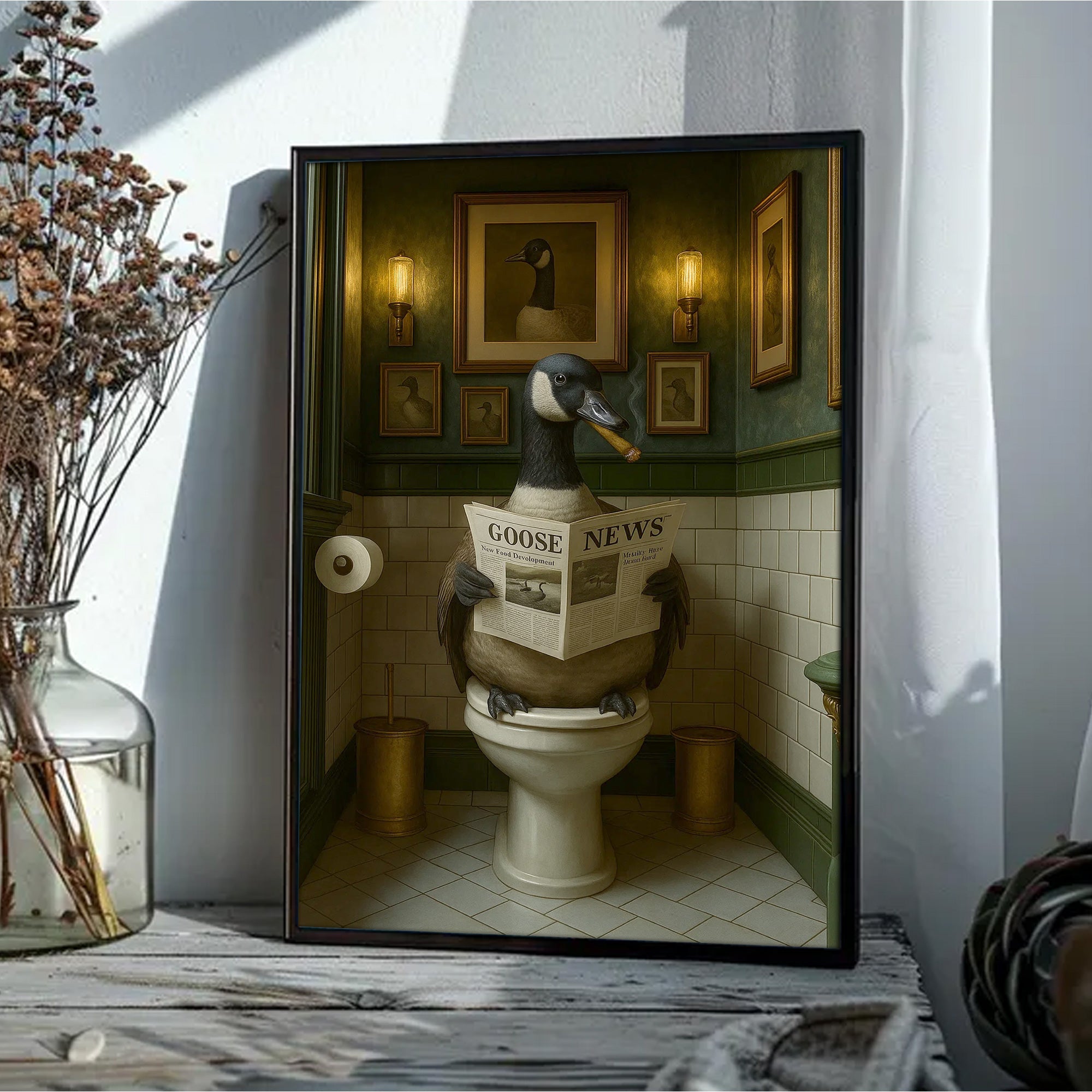 Funny Canada Goose Bathroom Poster – Rustic Cabin Wall Art, Goose Reading Newspaper on Toilet - Canvas Gift for Hunters