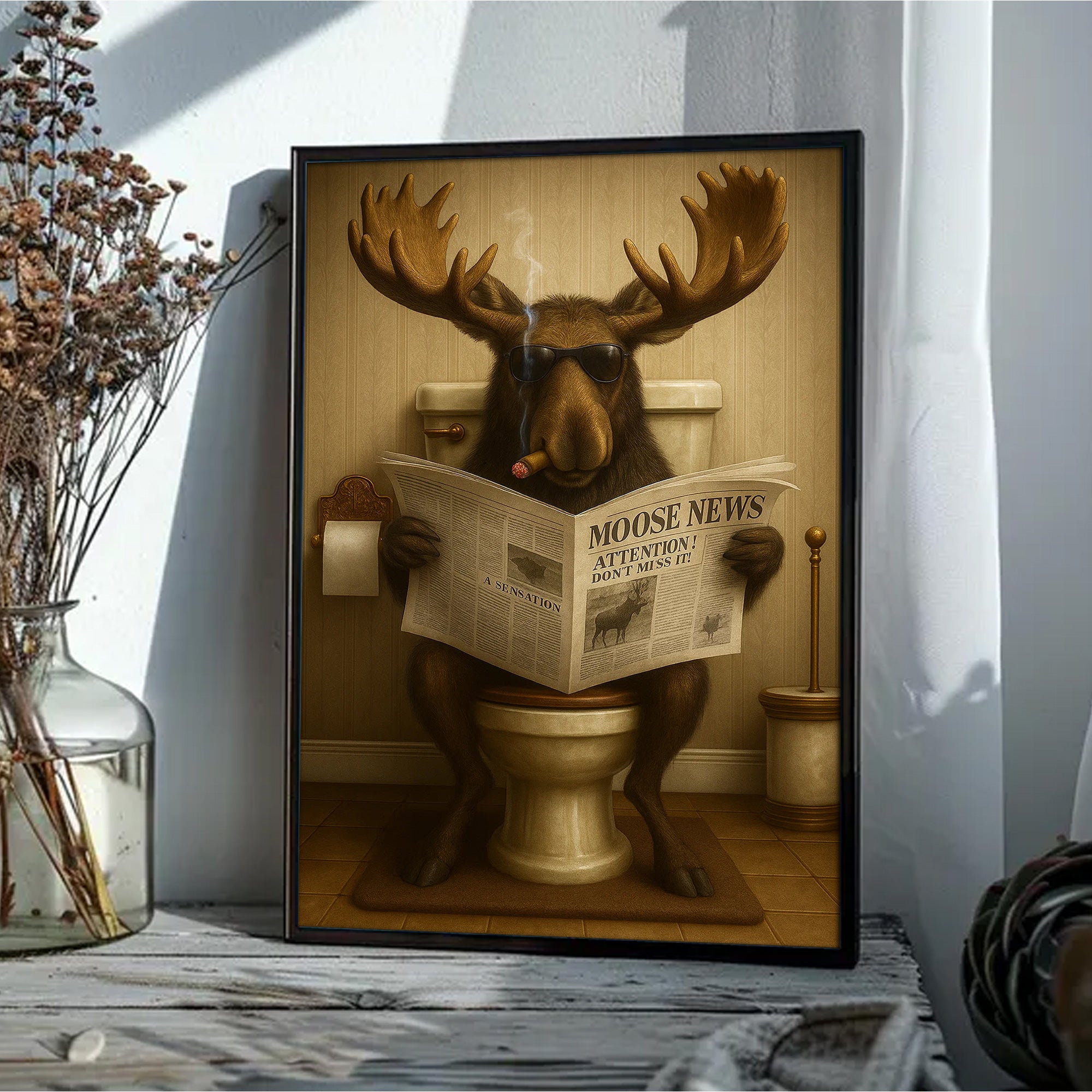 Funny Elk Hunting Lodge Moose Bathroom Canvas Wall Art – Wildlife Animal Poster - Unique Gift for Dad, Hunters & Outdoorsmen