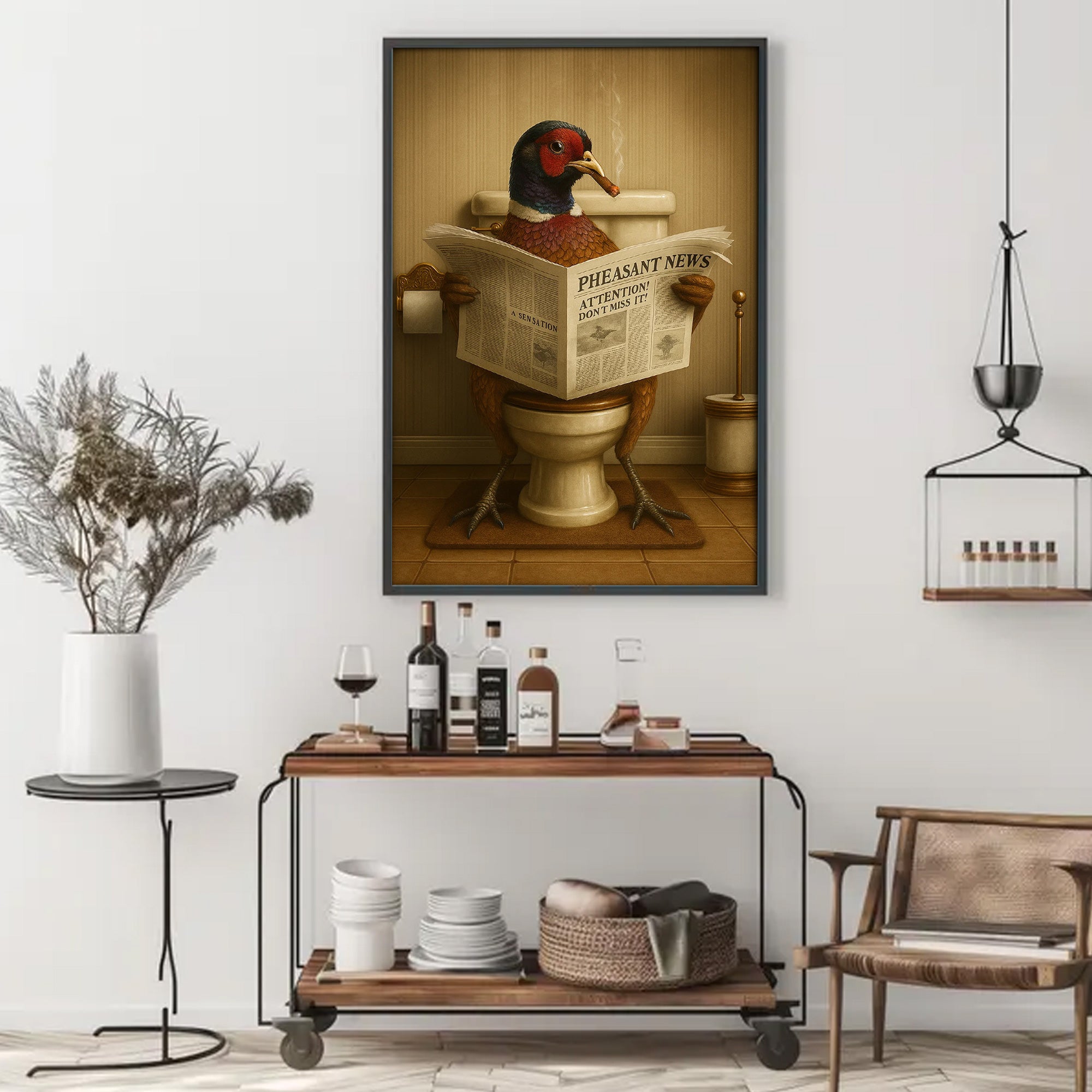 Phesan Reading News Smoking Bathroom Wall Art – Rustic Decor for Men, Hilarious Gift for Men, Hunter
