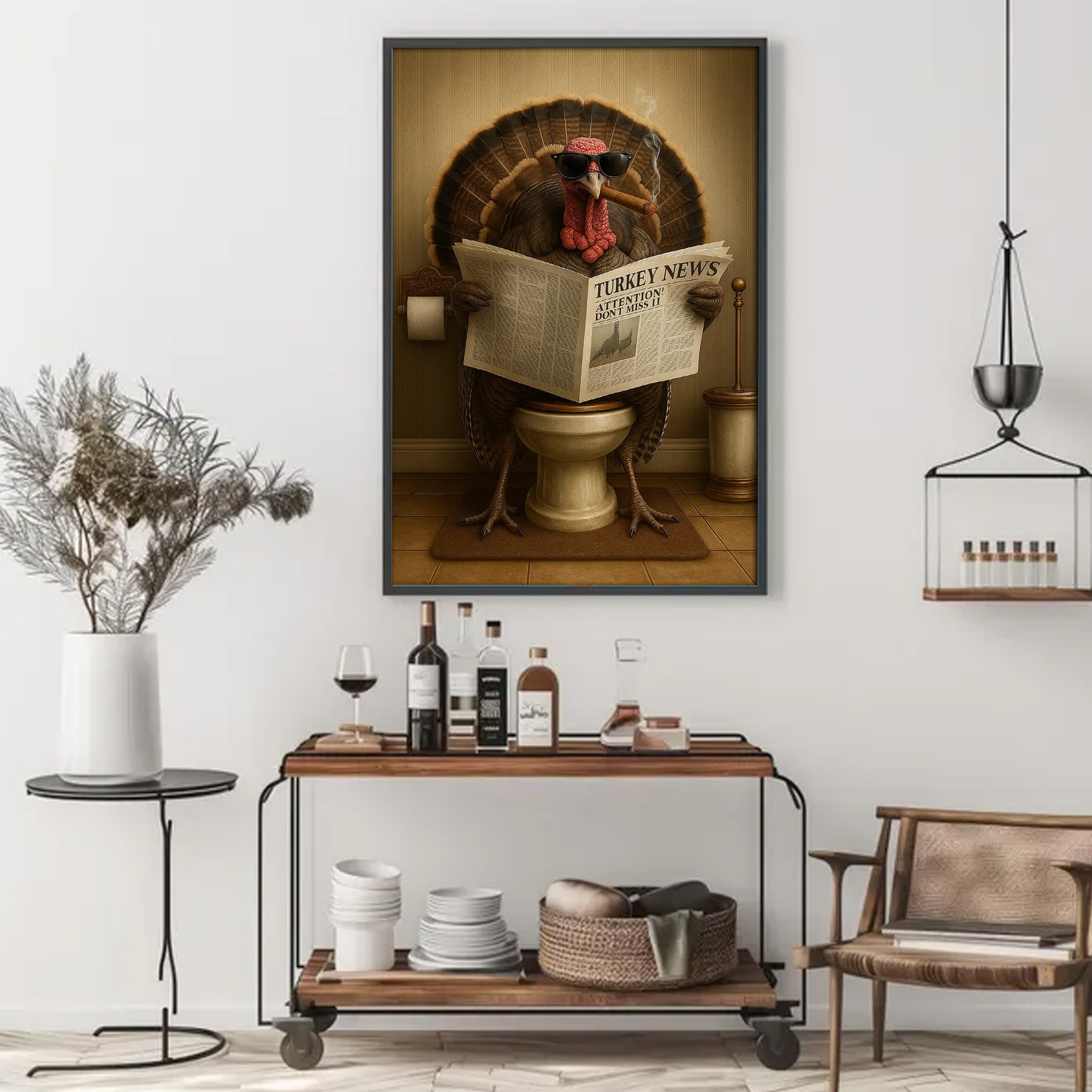 Turkey Reading News Smoking Bathroom Wall Art – Rustic Decor for Men, Hilarious Gift for Men, Hunter