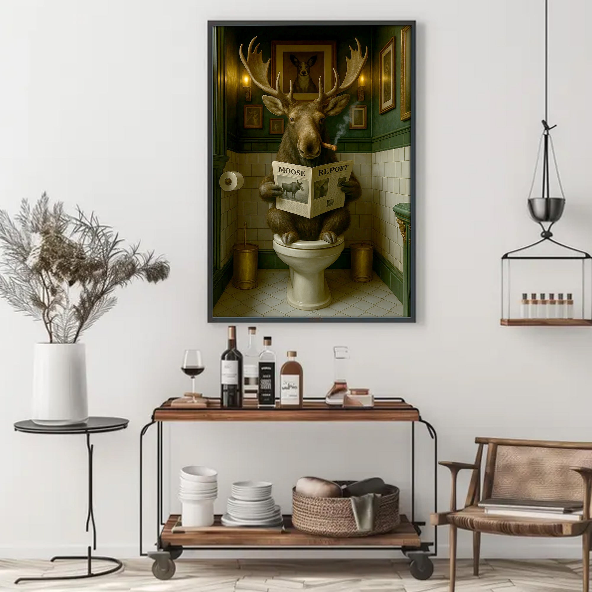 Funny Moose Bathroom Poster Canvas – Rustic Lodge Wall Art with Moose Reading ‘Moose Report’ - Gift for Hunters & Men