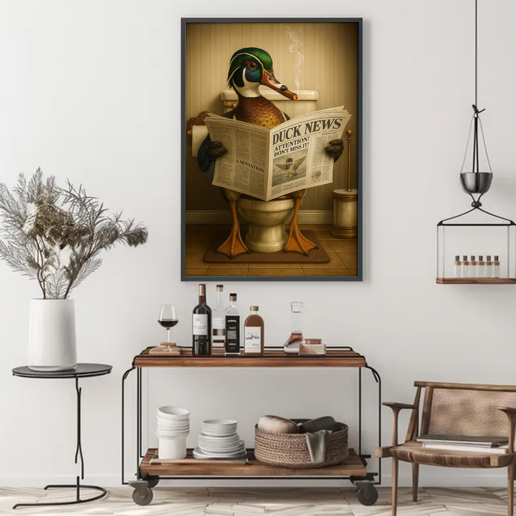 Funny Wood Duck Read Newspaper Bathroom Canvas – Hunting Wildlife Animal Poster - Unique Gift for Dad, Hunters