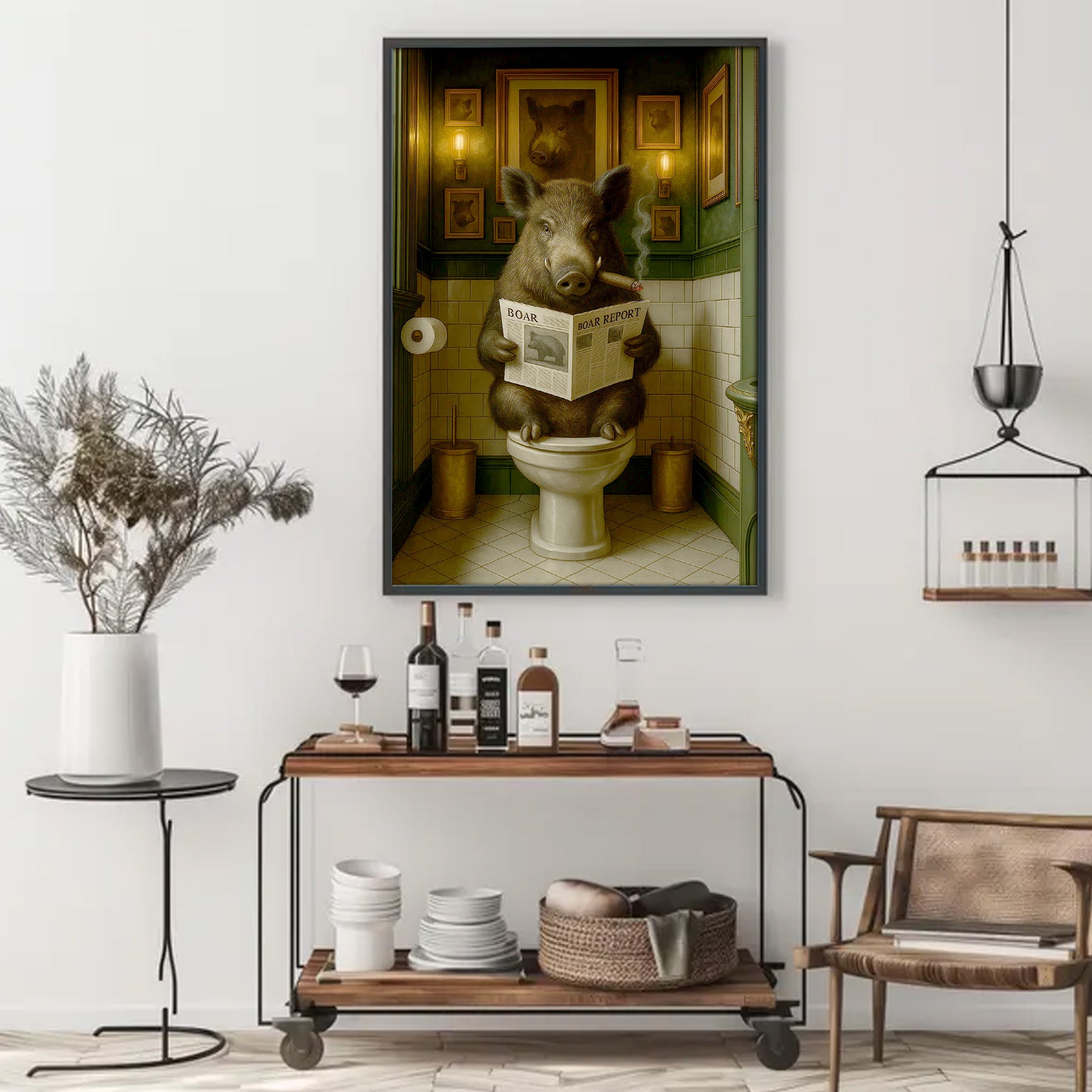 Boar Reading News Smoking Bathroom Wall Art – Rustic Decor for Men, Hilarious Gift for Men, Hunter