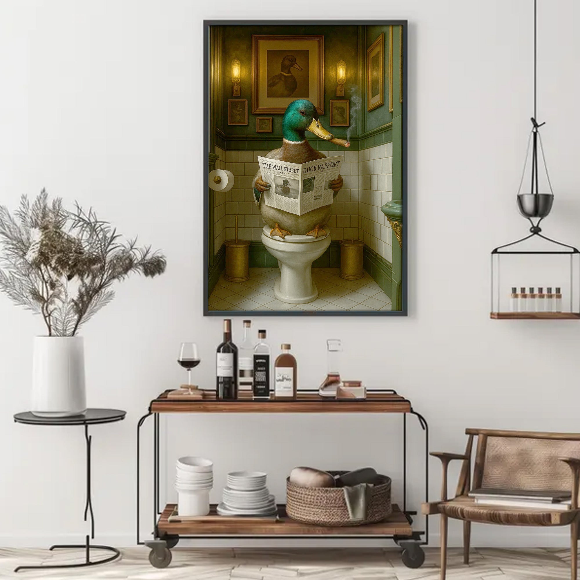 Duck Reading News Bathroom Wall Art – Rustic Decor for Men, Hunting Cabin Poster Hunters