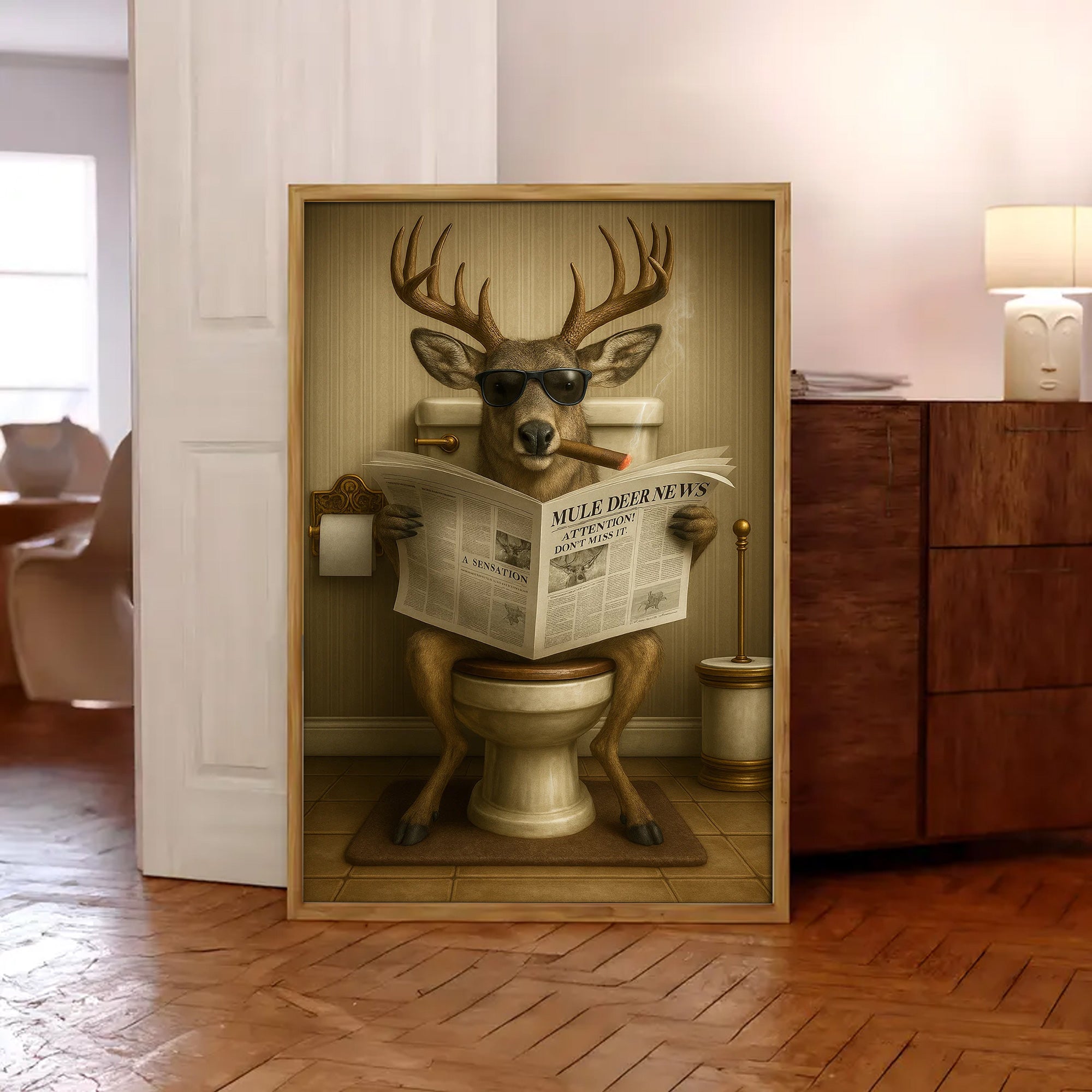 Funny Mule Deer Newspaper Bathroom Canvas Wall Art – Wildlife Animal Poster - Unique Gift for Dad, Hunters & Outdoorsmen
