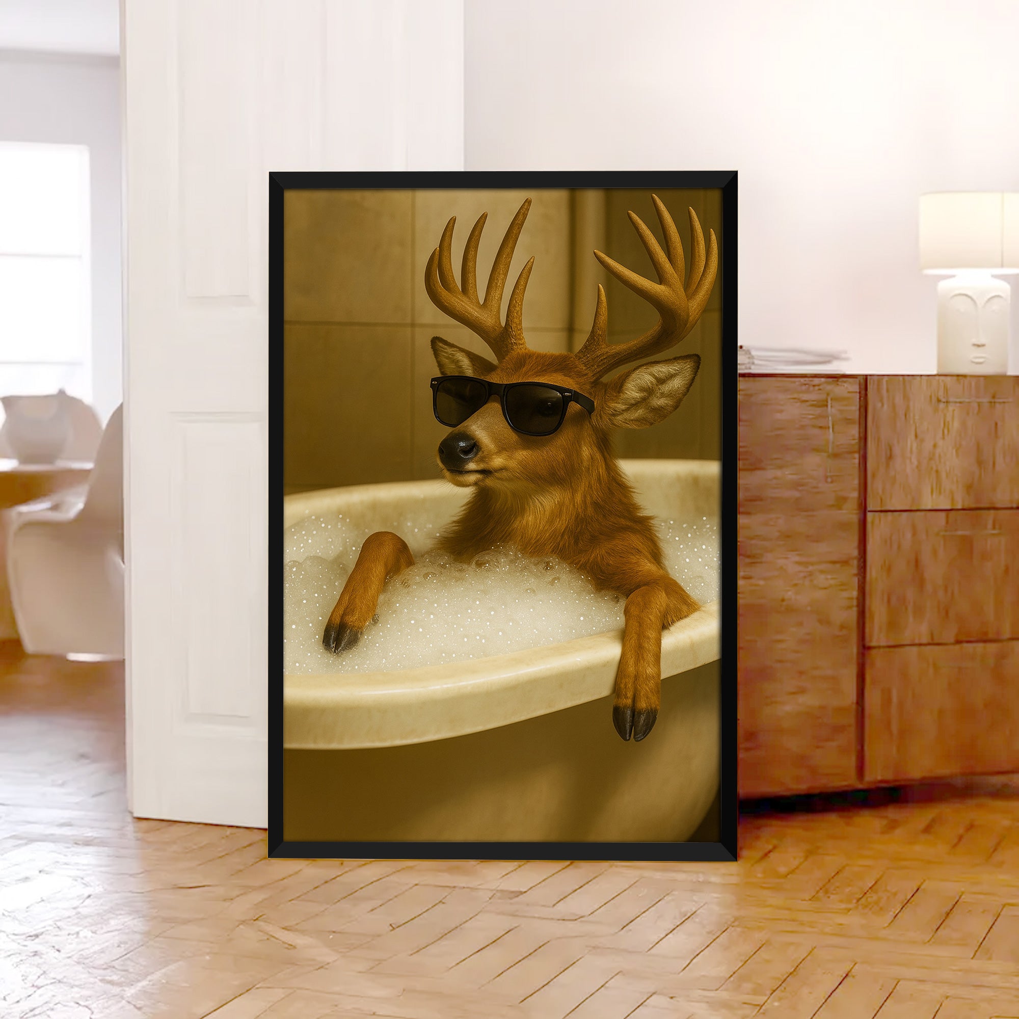 Funny Deer Wall Art – Cool Buck in Bathtub Poster for Hunters & Rustic Cabin Decor