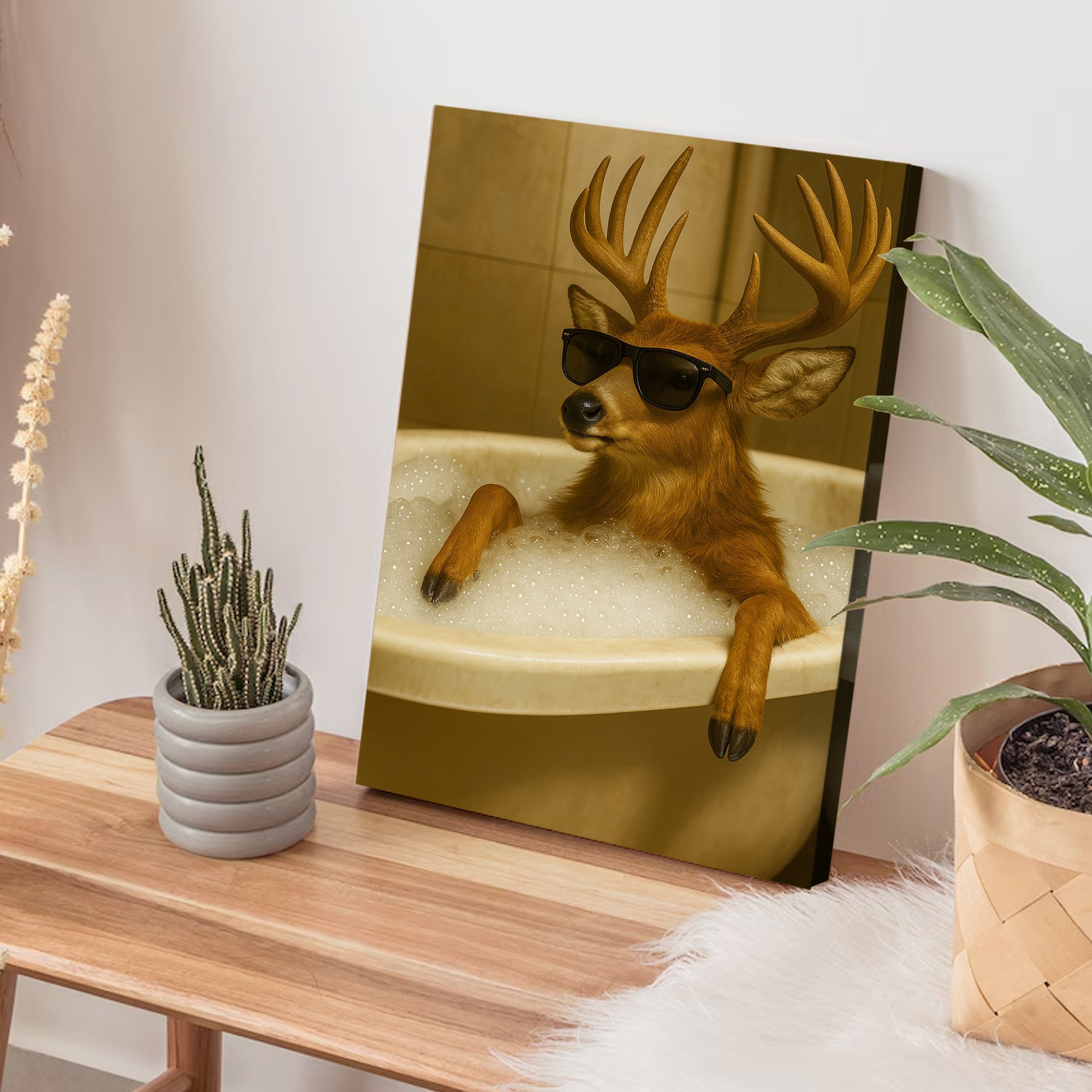 Funny Deer Wall Art – Cool Buck in Bathtub Poster for Hunters & Rustic Cabin Decor